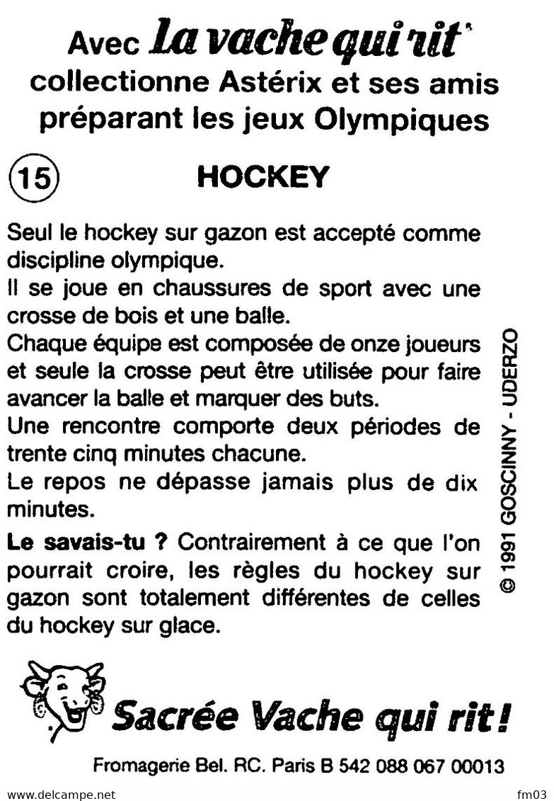 Hockey Sur Gazon Jeux Olympiques JO 92 Image Adhésif Autocollant La Vache Qui Rit Fromagerie Bel Astérix - Other & Unclassified