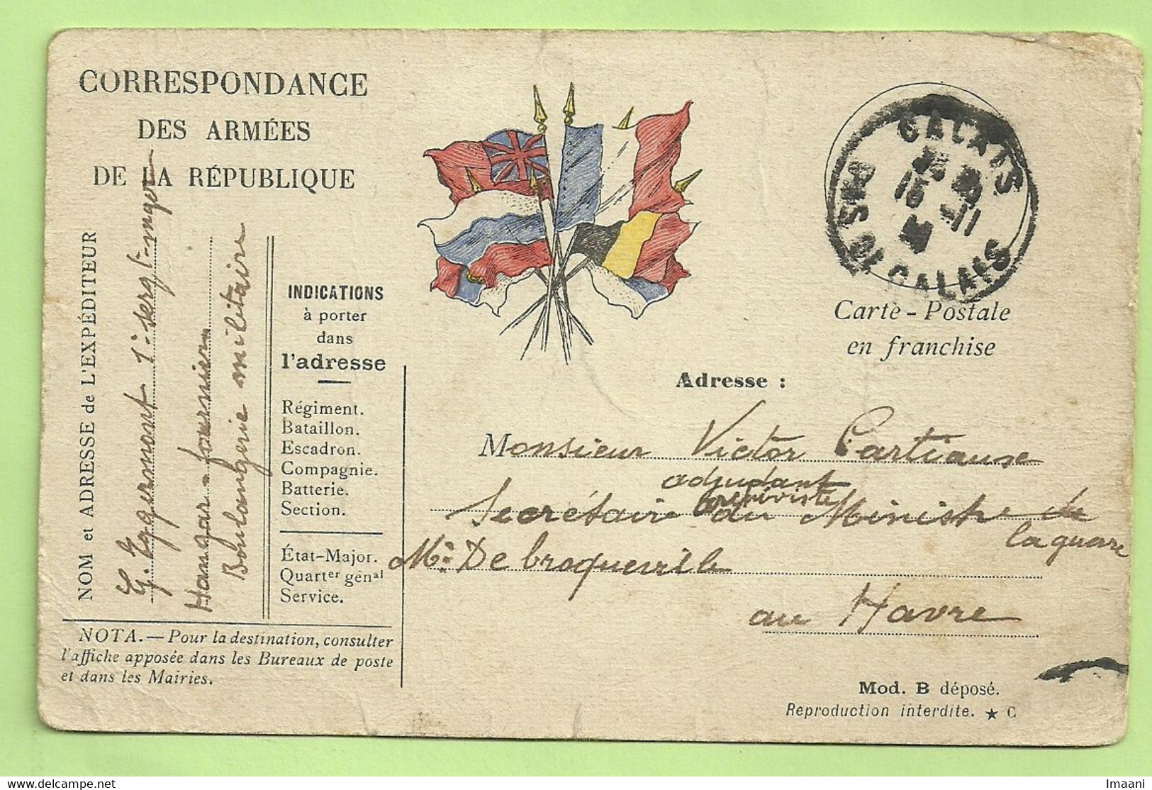 Kaart "Drapeau" Stempel CALAIS Op 15/11/14 Van "Boulangerie Militaire" Naar "Adjudant Ministere Au HAVRE (3456) - Belgische Armee