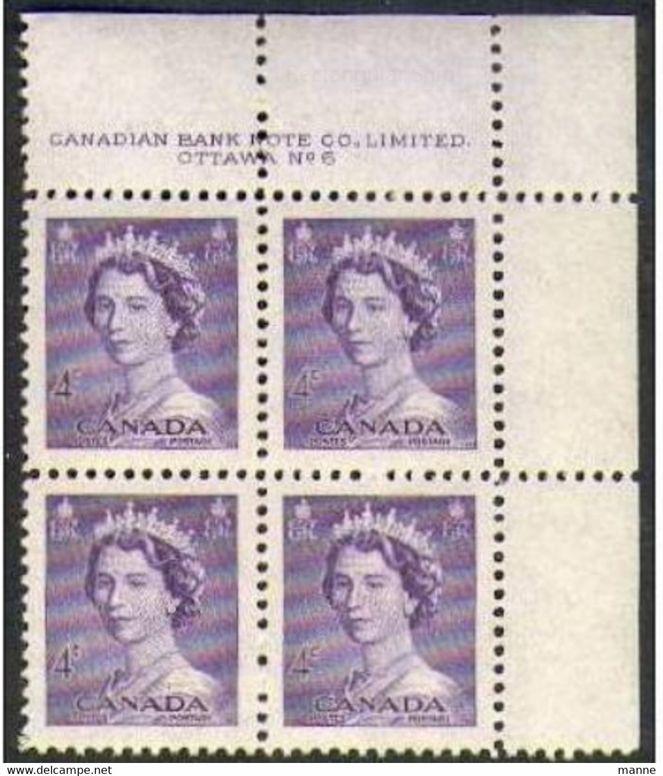 -Canada- 1952 "QE II" (**) Block Of 4- (Plate 6 ) - Num. Planches & Inscriptions Marge