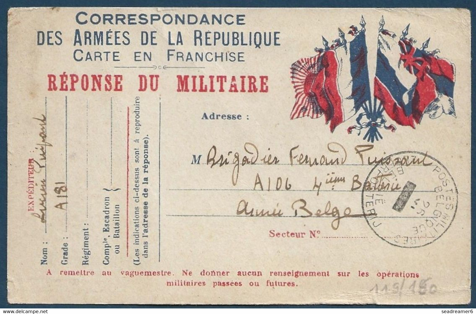 Carte Militaire Française Obl "POSTES MILITAIRES BELGIQUE" Millésime Blocage ! Pour Un Brigadier Belge En Campagne R - Army: Belgium