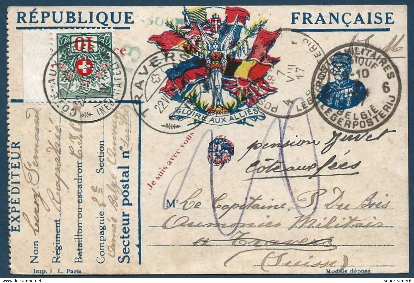 Carte Francaise D'Anvers "6 Postes Militaires Belges 6"  & 4e D.A En Transit Pour 1 Aumonier Belge En Suisse Taxée ! RR - Armée Belge