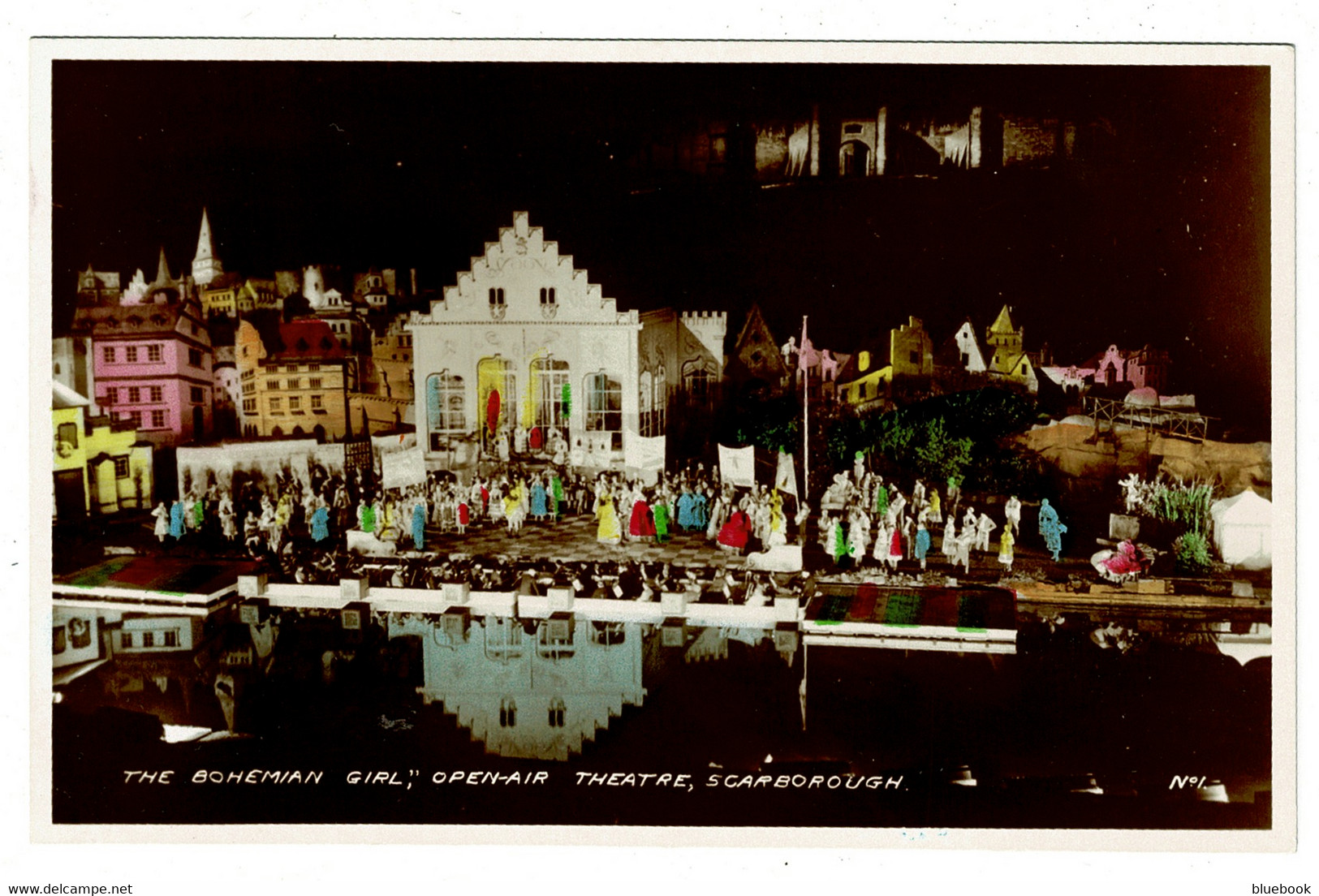 Ref 1433 -  Real Photo Postcard - Scarborough Open Air Theatre At Night - The Bohemian Girl - Scarborough