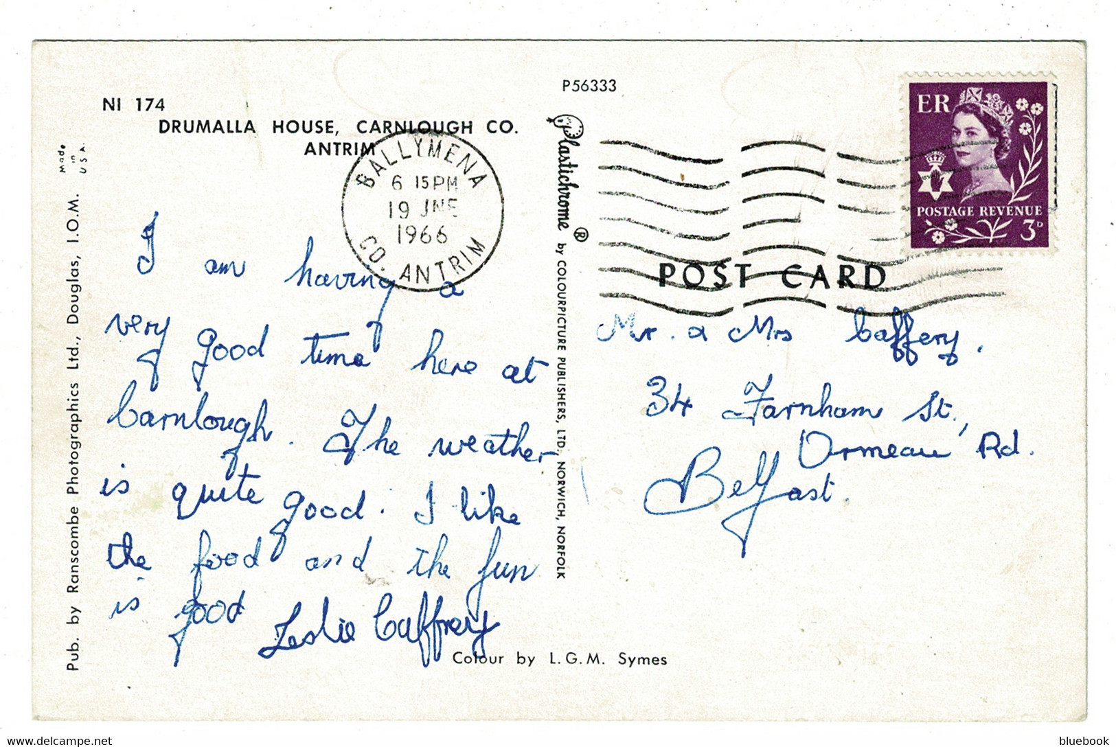 Ref 1424 - 1966 Postcard - Drumalla House Carnlough - County Antrim Ireland - Ballymena Postmark - Antrim