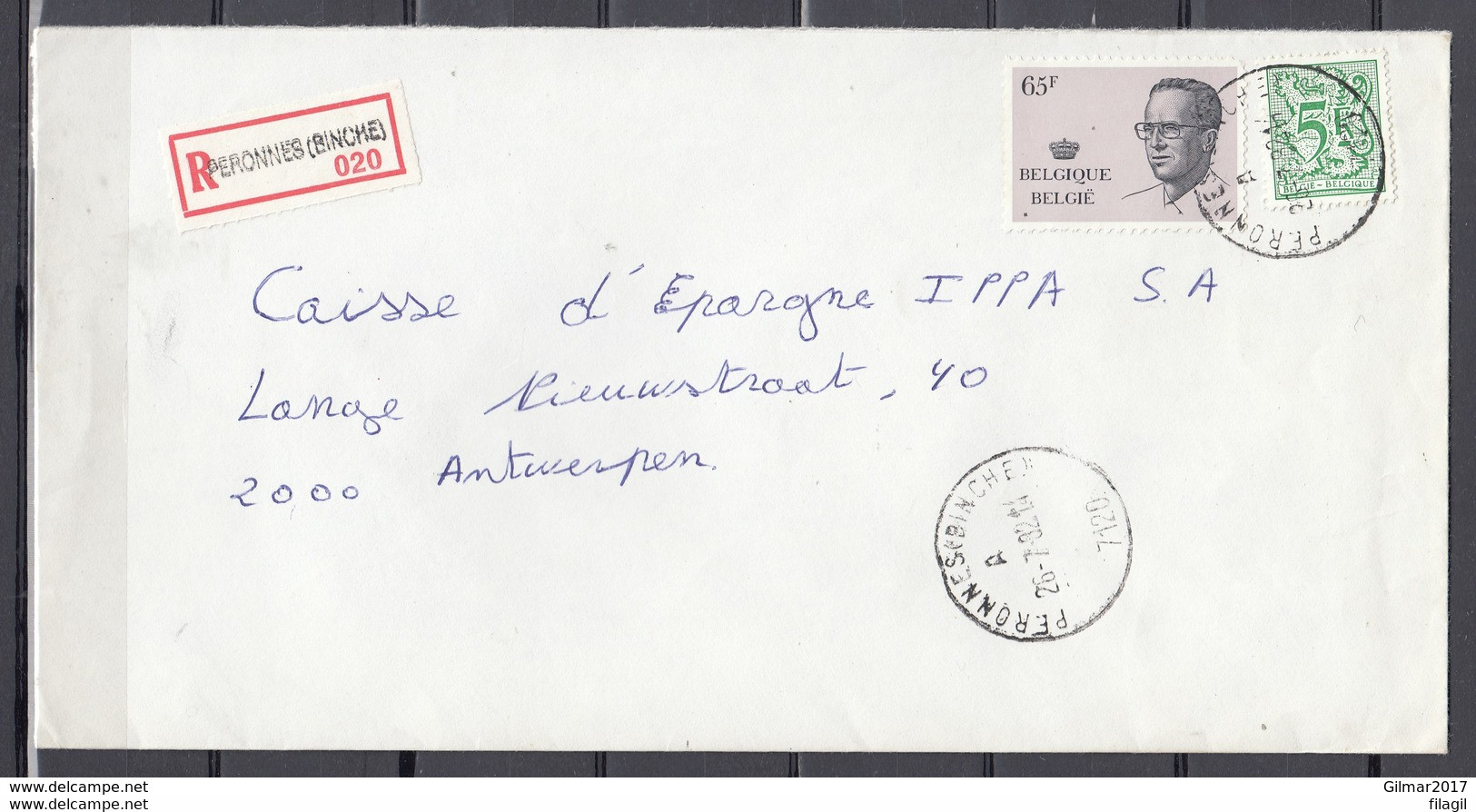 Aangetekende Brief Van Peronnes (Binche) Naar Antwerpen - 1970-1980 Elström