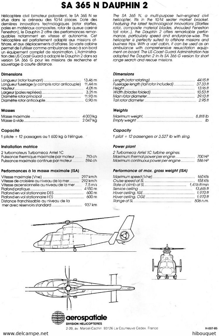 Hélicoptère SA 365 N Dauphin 2, Photo Couleur Et Au Dos Fiche Technique, Aérospatiale 21 X 29.7 Cm - Hélicoptères