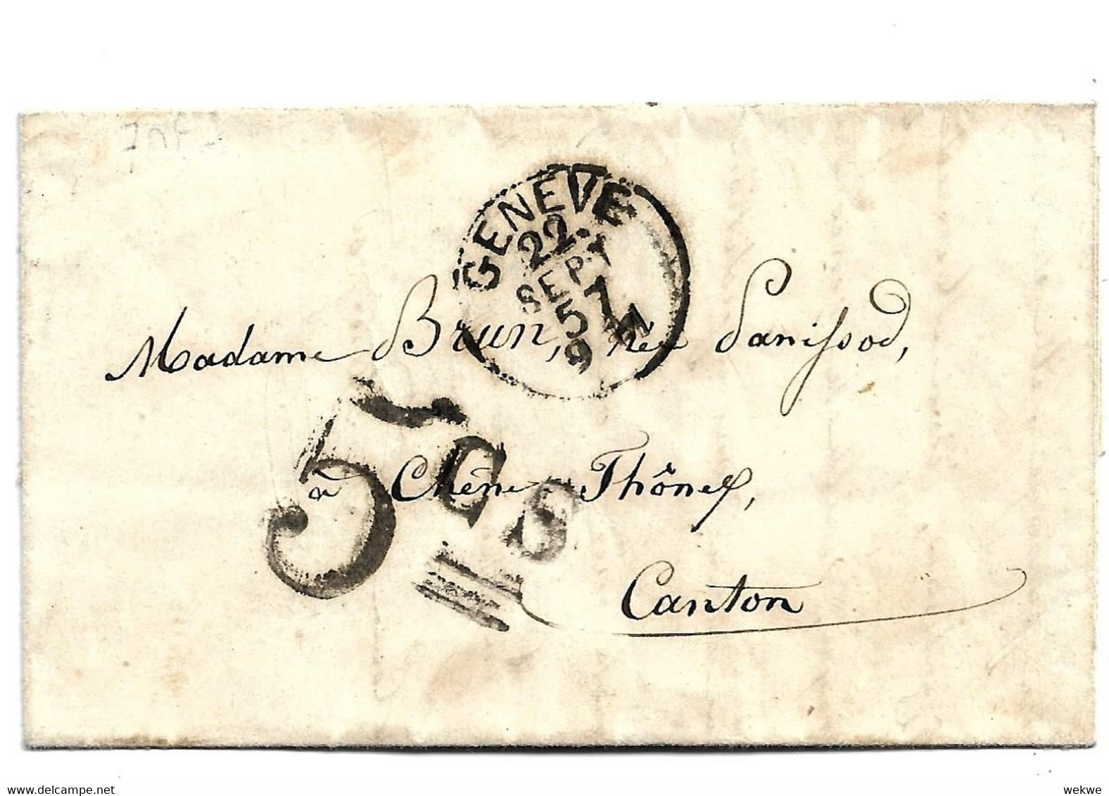 CH011 / SCHWEIZ - Genf 1857, Damenbrief Mit Gebührenstempel Nach Canton - Covers & Documents