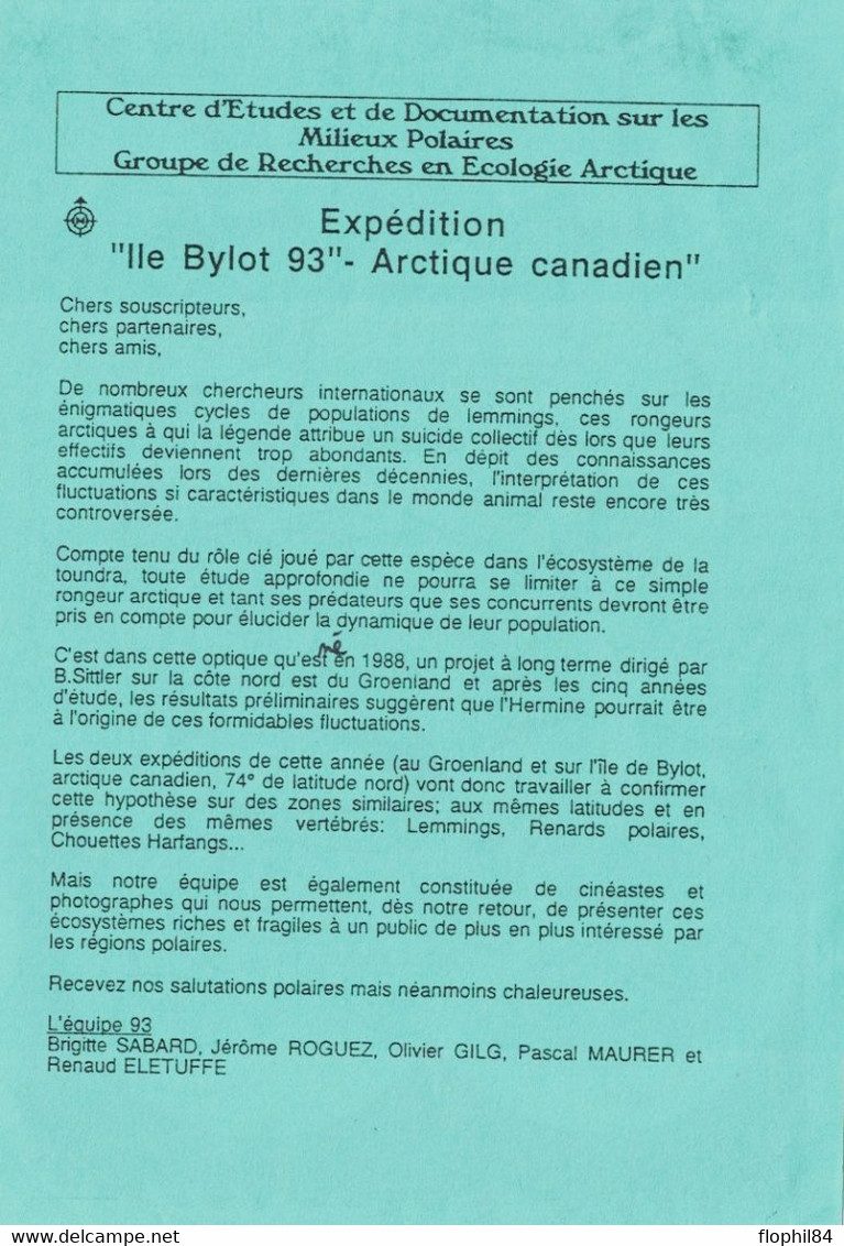 CANADA - MISSION ARTIQUE - ILE BYLOT - 1993 - AVEC CARTE DU PROJET BYLOT 93 - CACHETS ET SIGNATURES DIVERSES. - Otros & Sin Clasificación