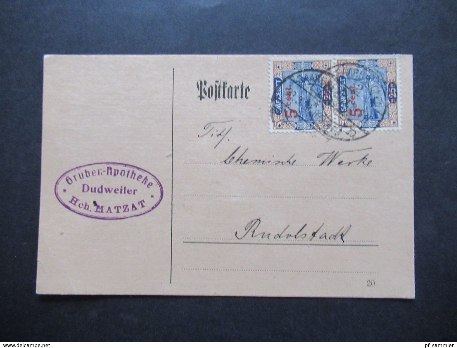 DR Abstimmungsgebiet Saargebiet 1922 Nr. 71 (2) MeF Auf Postkarte Gruben Apotheke Dudweiler Hch. Matzat - Autres & Non Classés