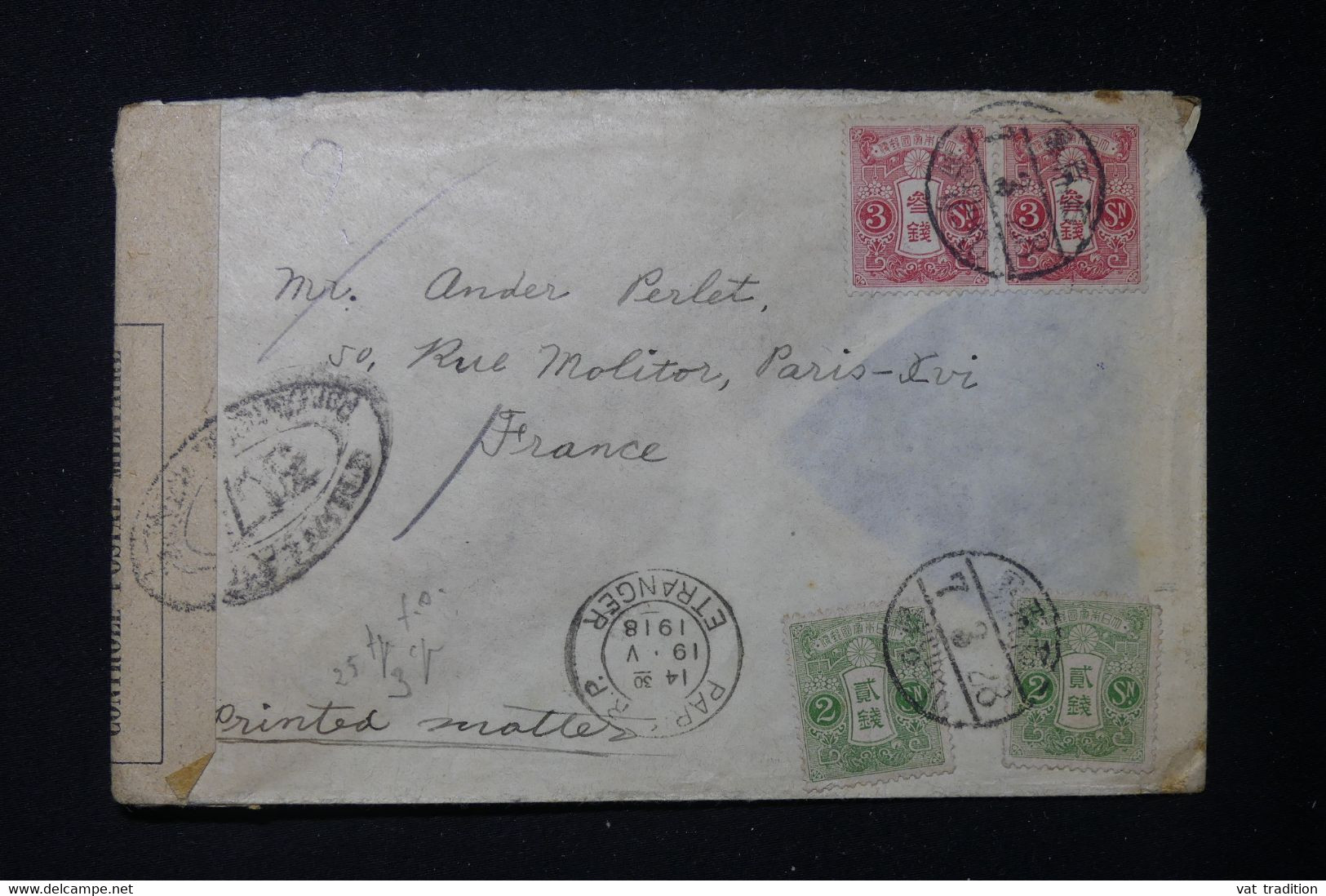JAPON - Enveloppe Pour La France Avec Contrôle Postal Militaire En 1918 - L 83413 - Covers & Documents