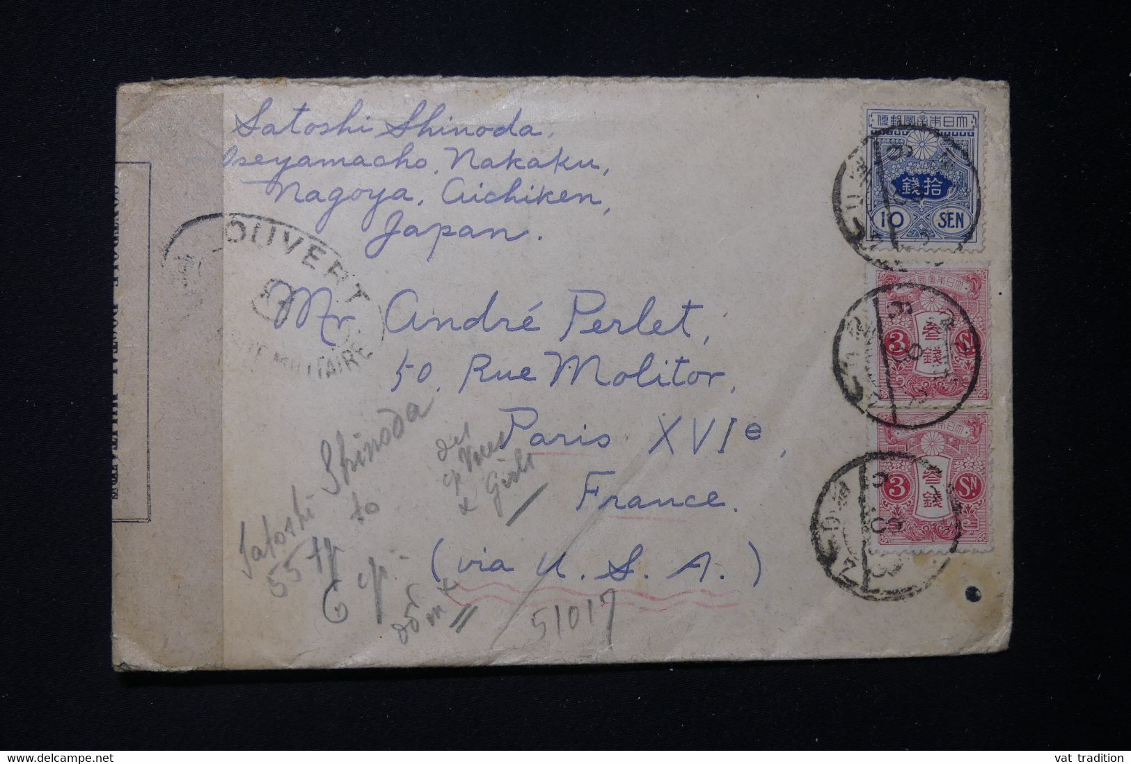 JAPON - Enveloppe De Nagoya Pour La France Via Les Etats Unis Avec Contrôle Postal, Période 1914/18 - L 83419 - Briefe U. Dokumente