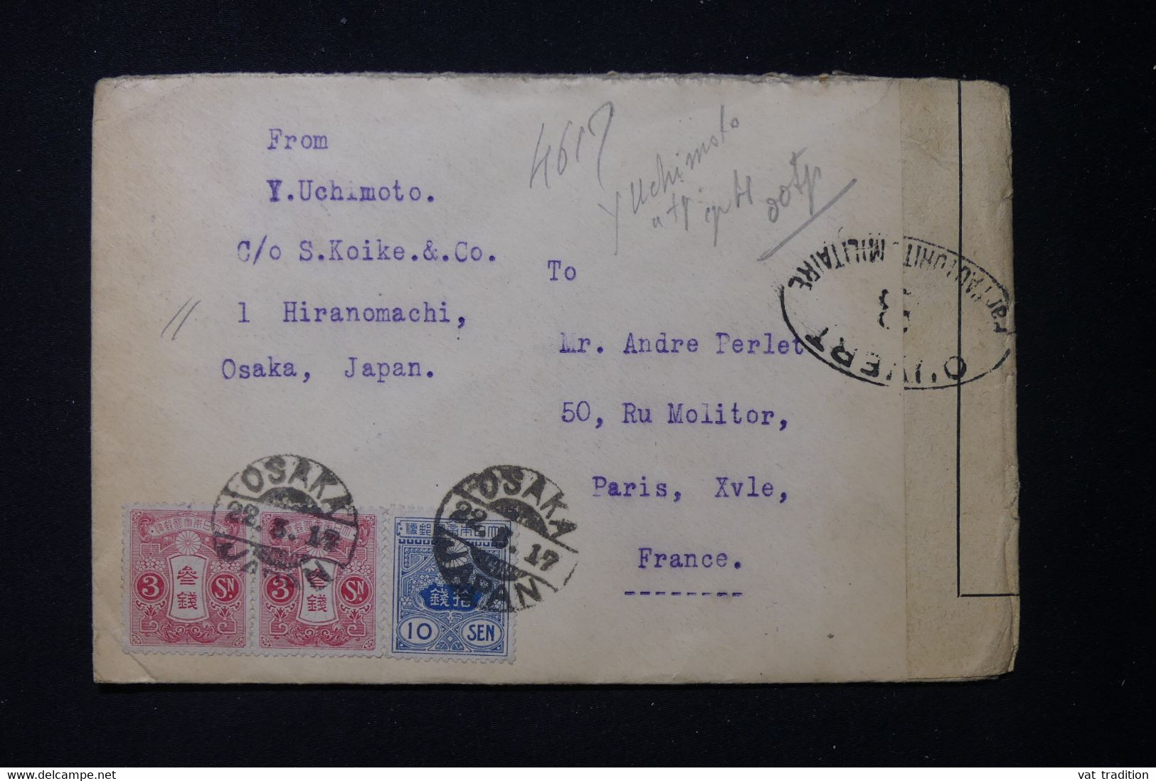 JAPON - Enveloppe De Osaka Pour La France Avec Contrôle Postal, Période 1914/18 - L 83420 - Storia Postale