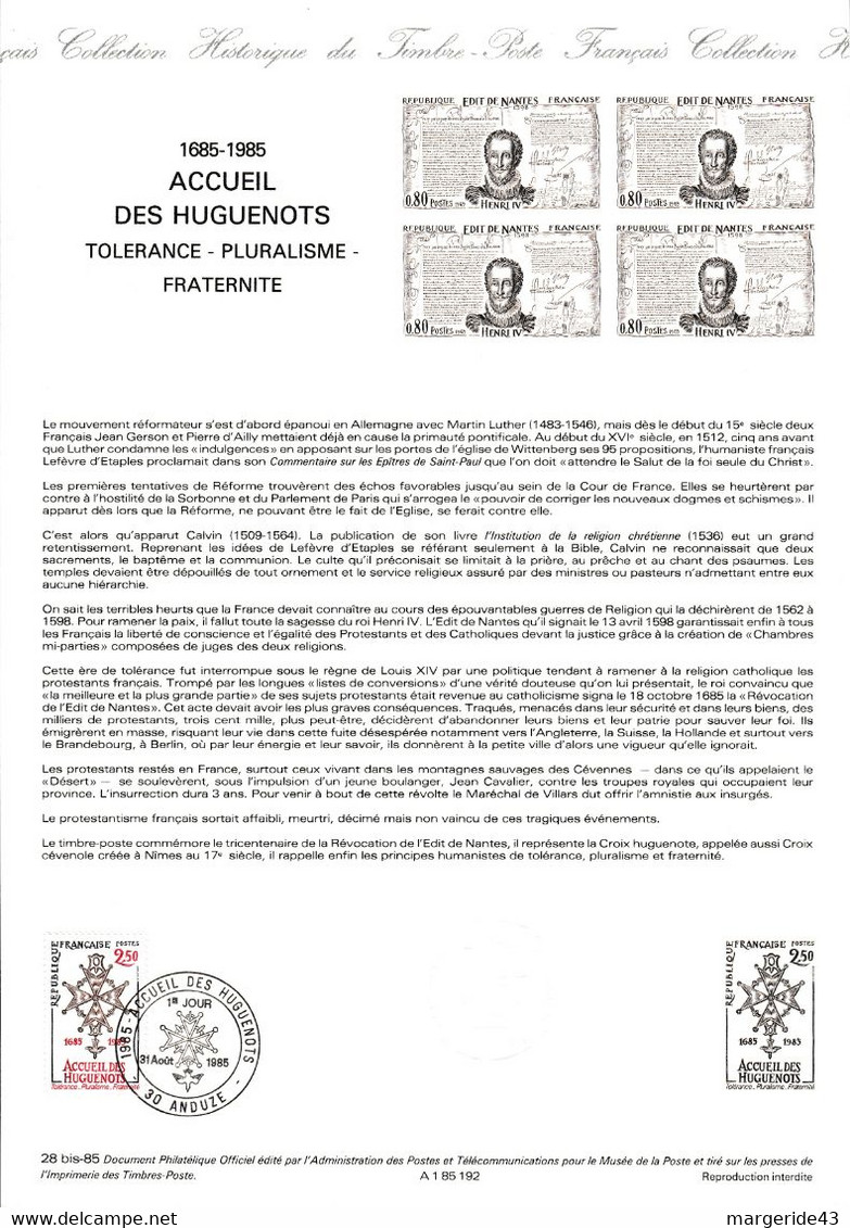 DOCUMENT FDC 1985 ACCUEIL DES HUGUENOTS - DESSIN DE DECARIS - Documents Of Postal Services