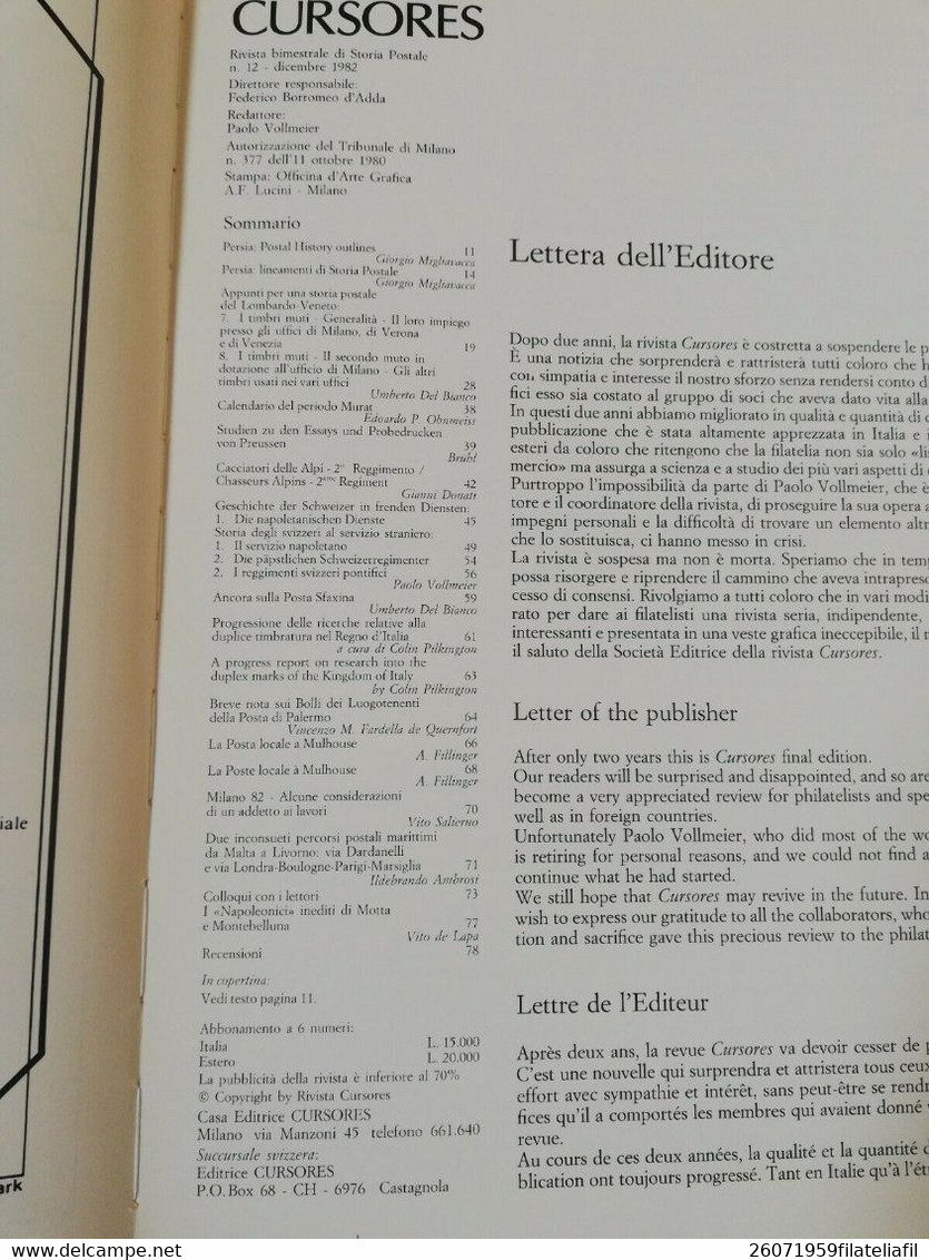 CURSORES RIVISTA DI STORIA POSTALE N. 12 ANNO II DICEMBRE '82 TREDICESIMO NUMERO - Italiano (desde 1941)