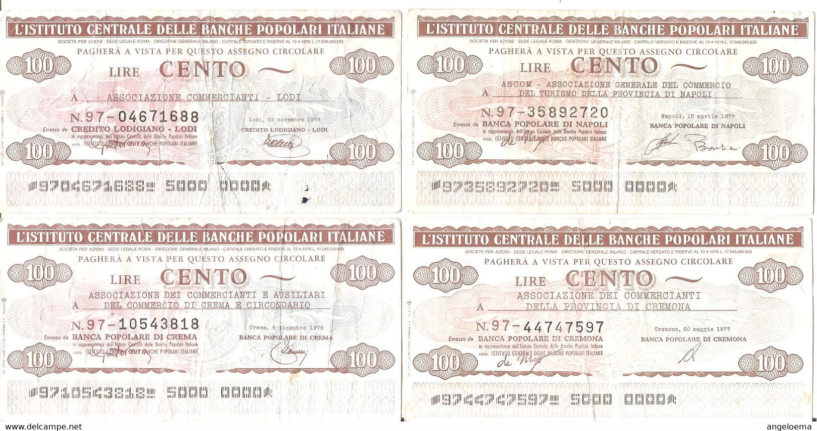 MINIASSEGNI - ISTITUTO CENTRALE BANCHE POPOLARI ITALIANE Ass. Commercianti Crema, Cremona, Lodi, Napoli £.100x4 - [10] Cheques En Mini-cheques