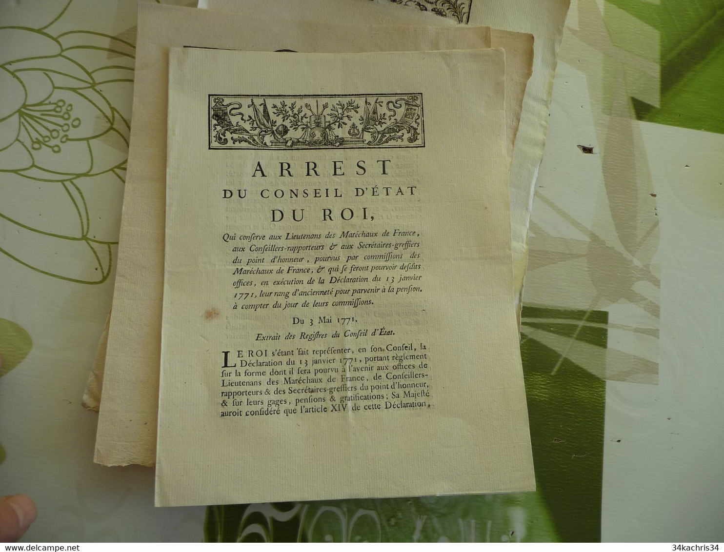 Arrest Conseil D'état Du Roi 03/05/1771 Privilèges Et Exemption Pour Les Lieutenants Et Maréchaux.... - Gesetze & Erlasse