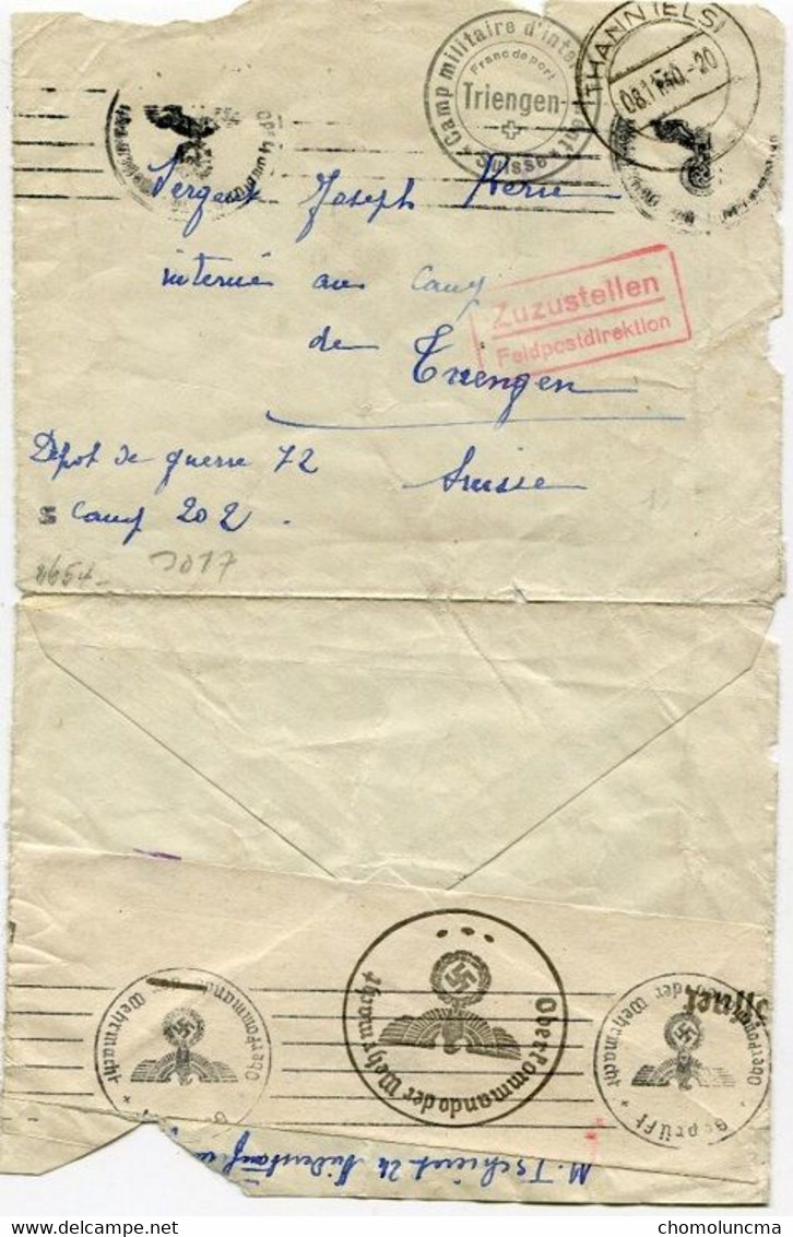 1940 WWII Thann ELS Oberkommando Wehrmacht Censored Lettre En Franchise Censuré TRIENGEN Suisse Zuzustellen Prisonner - Oblitérations
