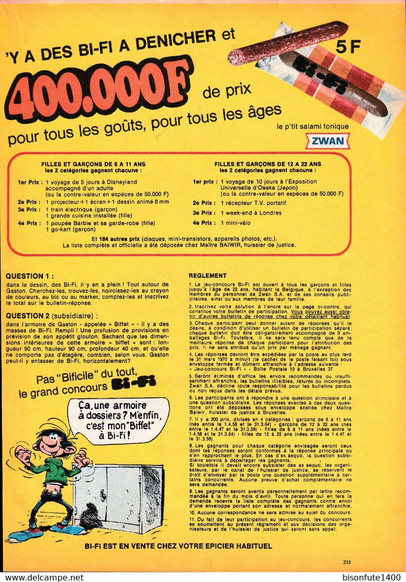 Lot De 2 Publicités Grand Concours Bi-Fi Avec Gaston Lagaffe De 1969 ( Voir Photos ). - Gaston