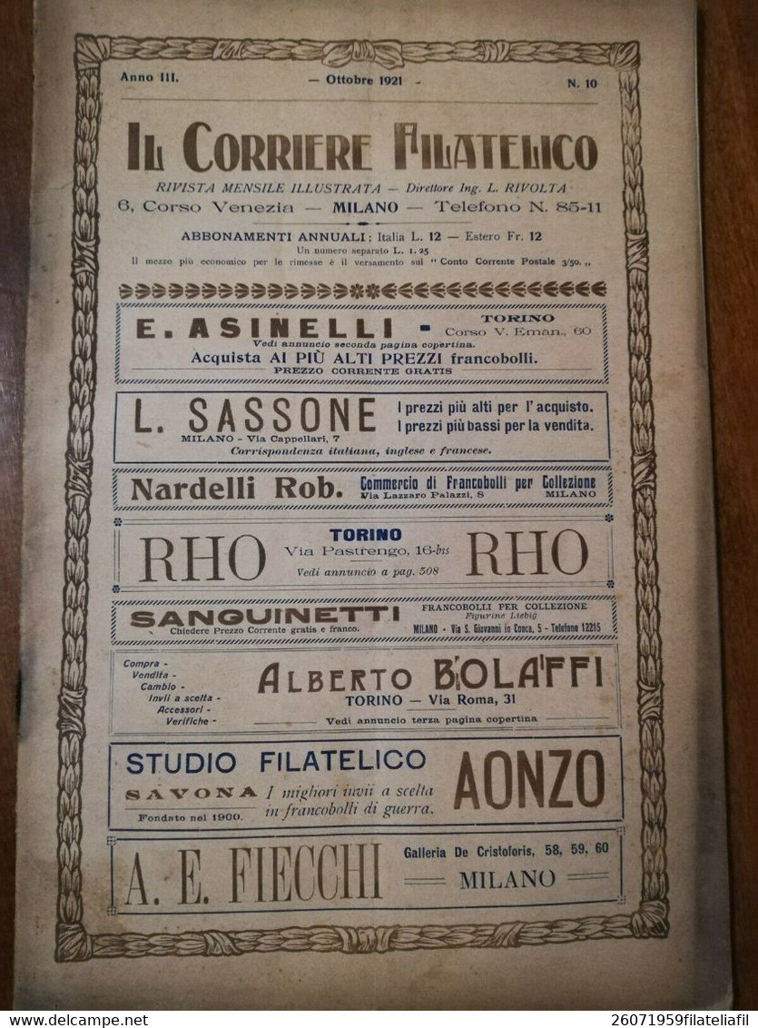 IL CORRIERE FILATELICO ANNO III OTTOBRE 1921 N. 10 RIVISTA MENSILE ILLUSTRATA - Italian (until 1940)