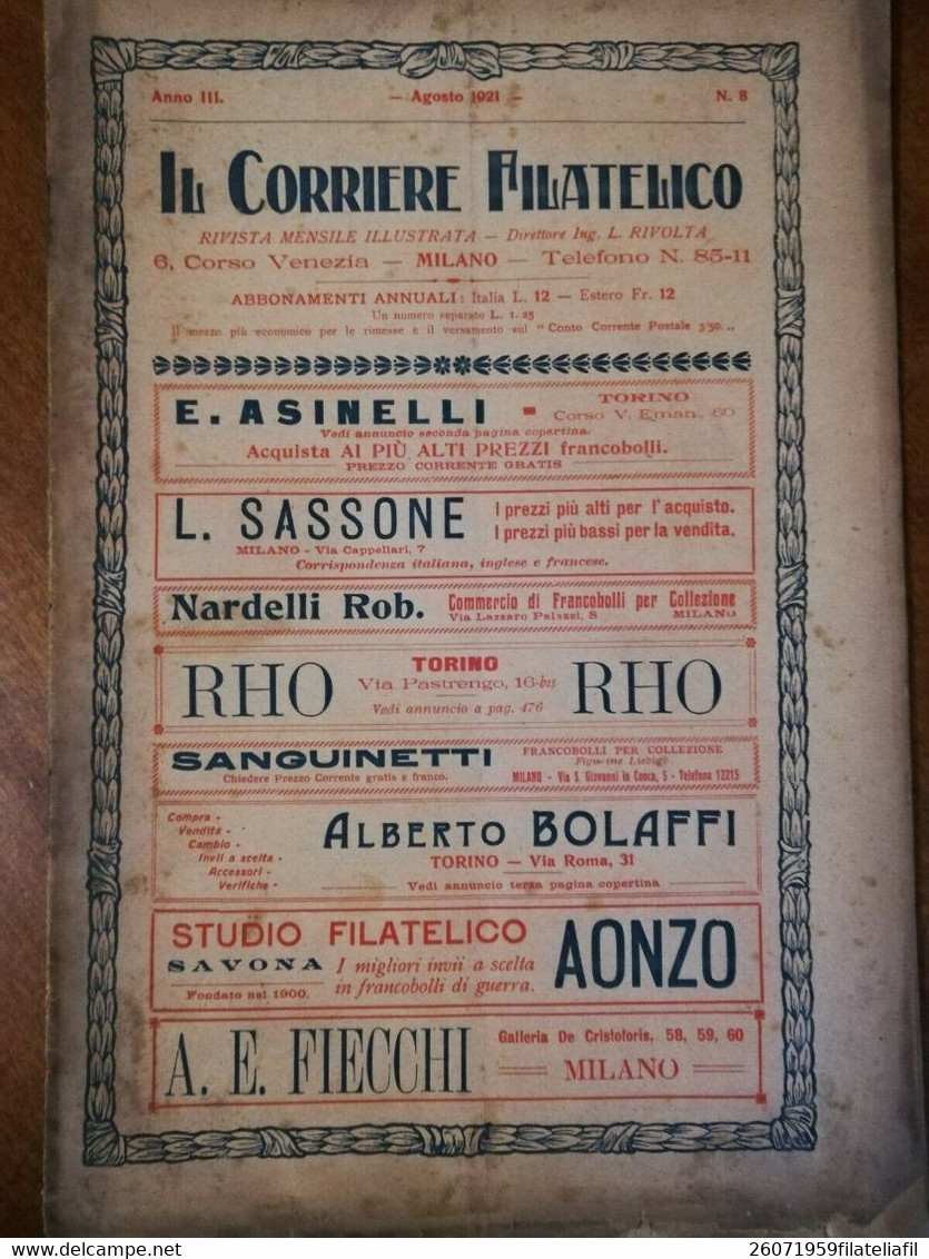 IL CORRIERE FILATELICO ANNO III AGOSTO 1921 N. 8 RIVISTA MENSILE ILLUSTRATA - Italienisch (bis 1940)