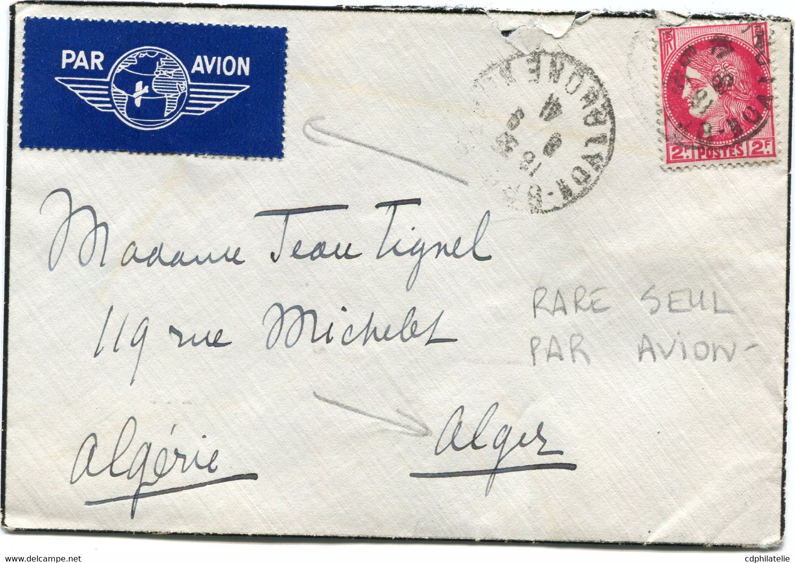 FRANCE LETTRE PAR AVION DEPART LYON-? 8-9-41 RHONE POUR L'ALGERIE - 1945-47 Cérès Van Mazelin