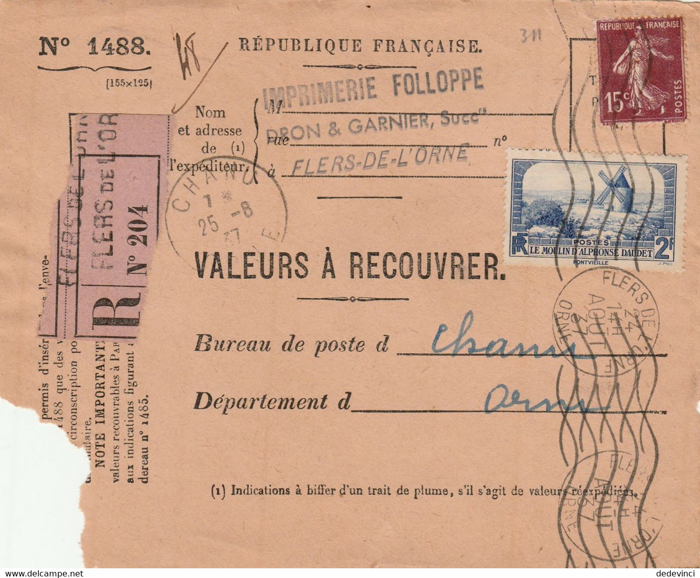 Devant De Lettre : Valeurs à Recouvrer : Flers-de-l'Orne Pour Chanu - 1921-1960: Modern Tijdperk