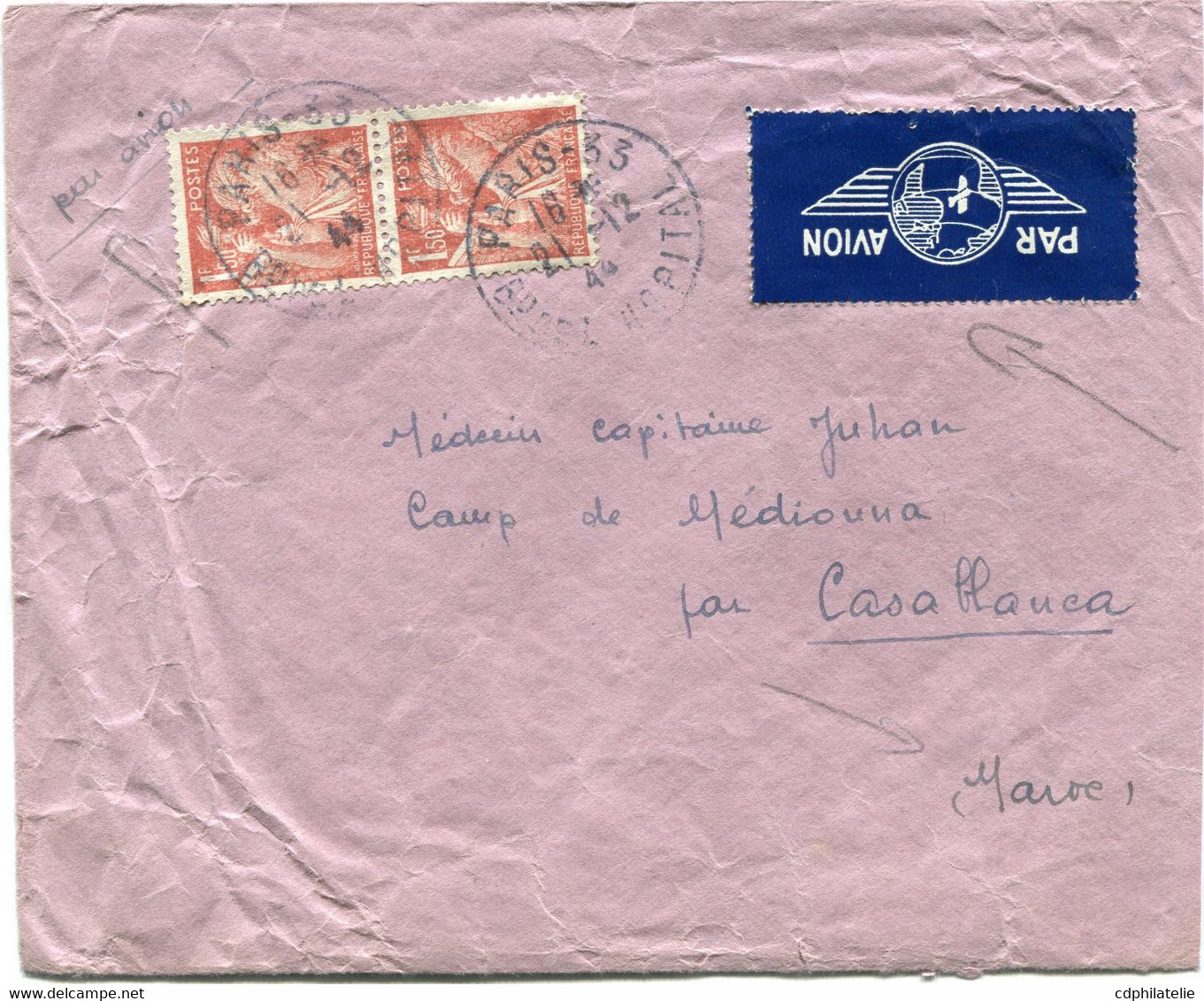 FRANCE LETTRE PAR AVION DEPART PARIS 21-12-44 Bd DE L'HOPITAL POUR LE MAROC - 1939-44 Iris