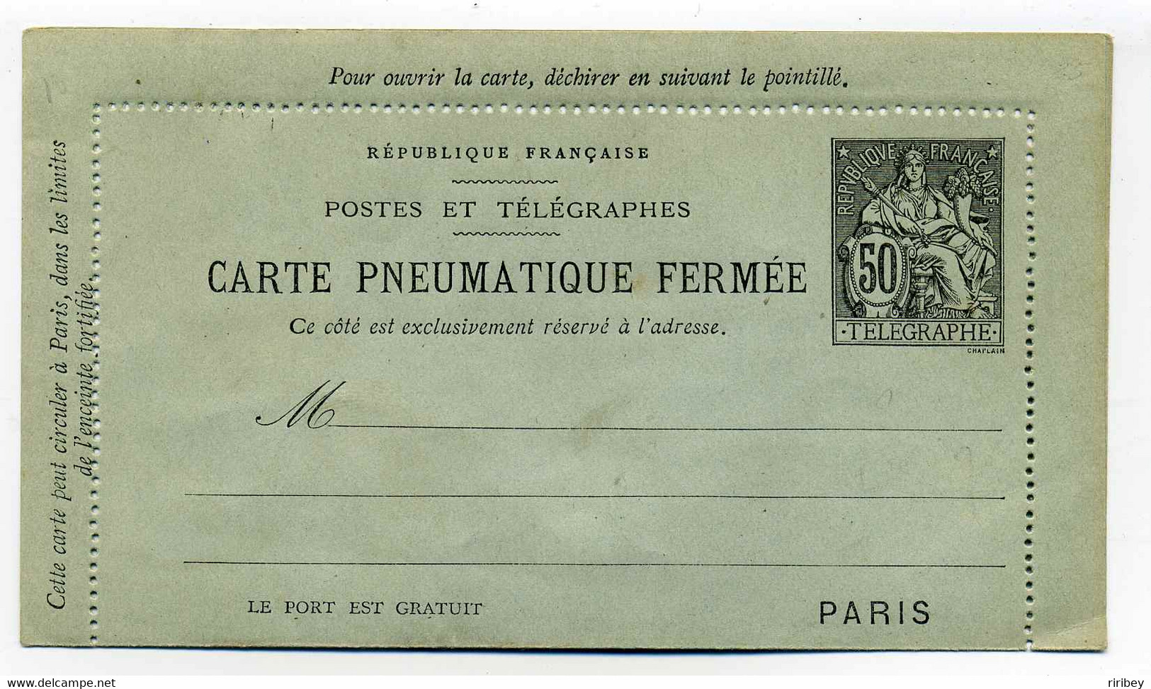 CARTE PNEUMATIQUE FERMEE / CHAPLAIN 50c / Neuve / Superbe état - Telegraph And Telephone