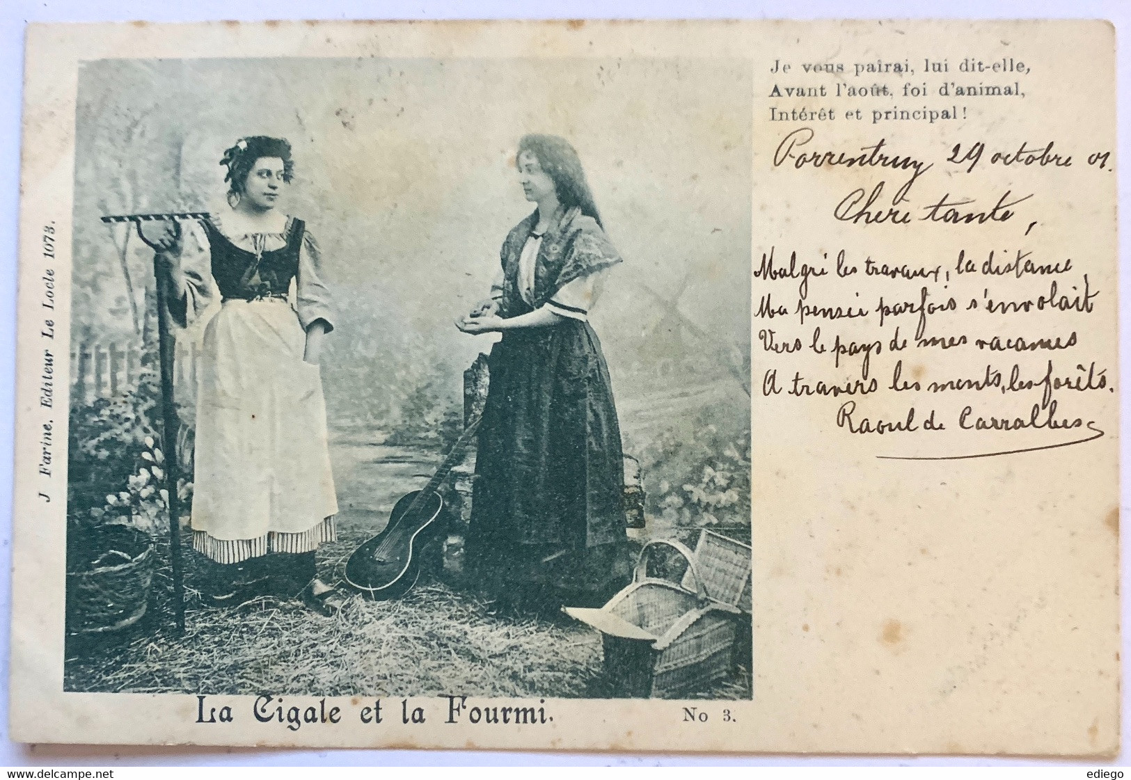 5 X CARTES ANCIENNES AVEC FEMMES, FABLE DE LA CIGALE ET LA FOURMI - 1901 POSTE MALLERAY - GLOVELIER -PORRENTRUY