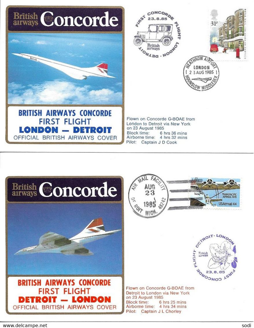 CONCORDE British Airways G-BOAE. Premier Vol LONDRES-DETROIT-LONDRES 23 Août 1985  (2plis) - Concorde