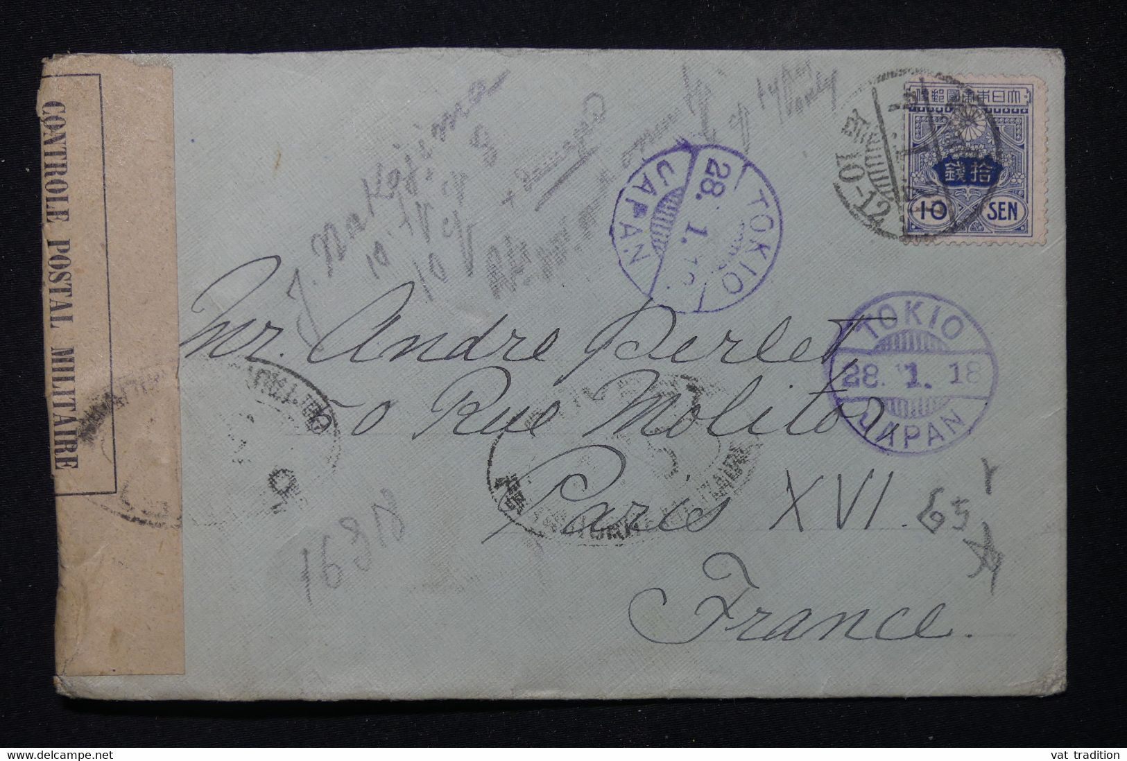 JAPON - Enveloppe De Takasaki Pour La France Via Tokyo Avec Contrôle Postal Militaire En 1918 - L 83453 - Cartas & Documentos