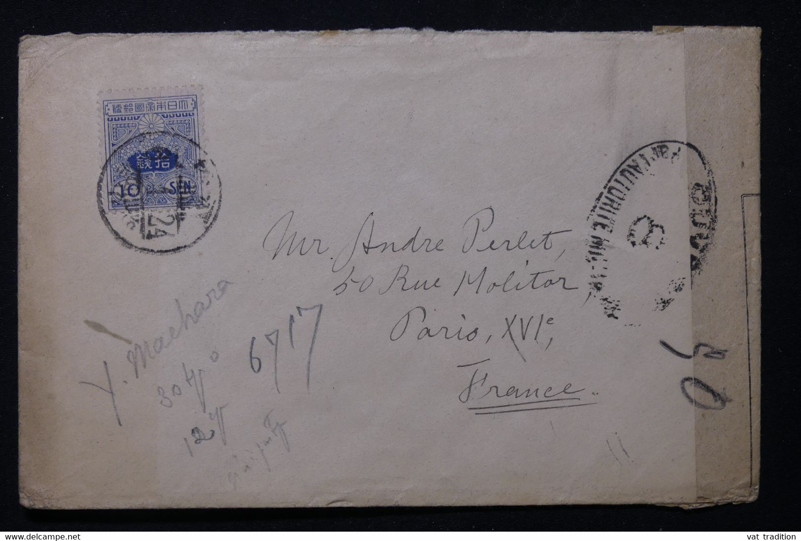 JAPON - Enveloppe Pour La France Avec Contrôle Postal Militaire, Période 1914/18 - L 83454 - Cartas & Documentos