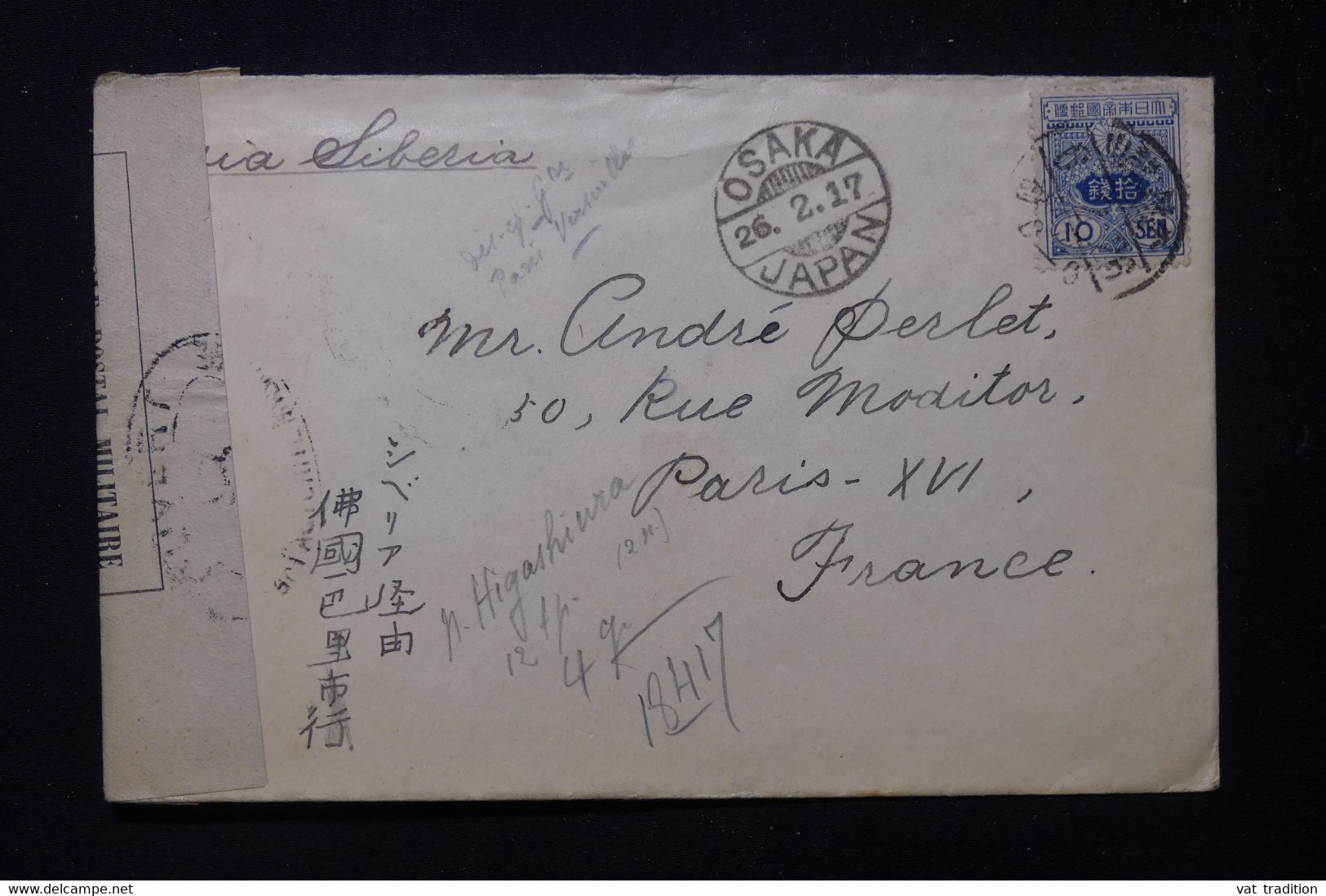 JAPON - Enveloppe Pour La France Via Osaka En 1917 Avec Contrôle Postal Militaire - L 83457 - Covers & Documents