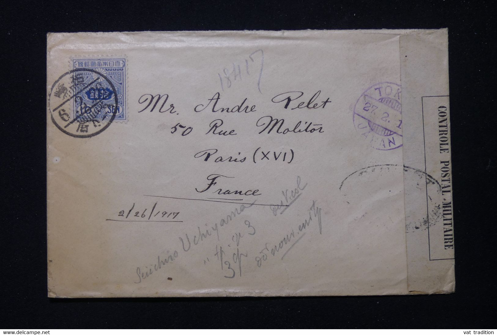 JAPON - Enveloppe Pour La France Via Tokyo Avec Contrôle Postal Militaire, Période 1914/18 - L 83458 - Cartas & Documentos