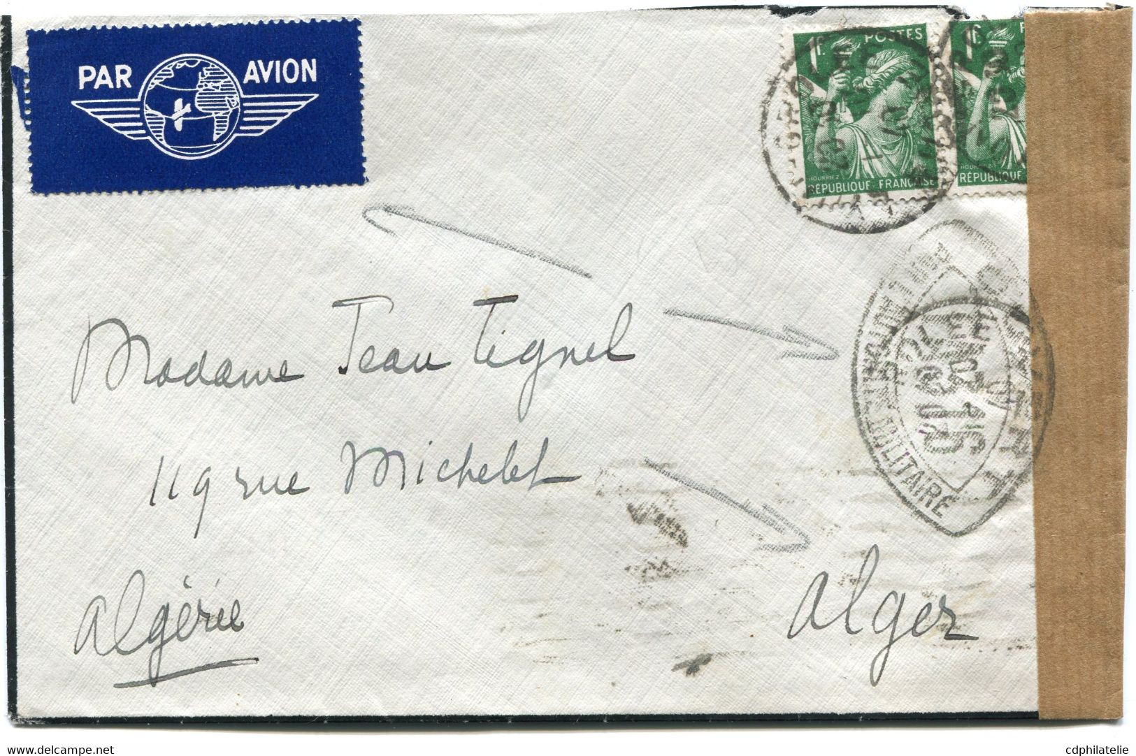 FRANCE LETTRE PAR AVION CENSUREE DEPART LYON-GROLEE 20-10-40 RHONE POUR L'ALGERIE - 1939-44 Iris
