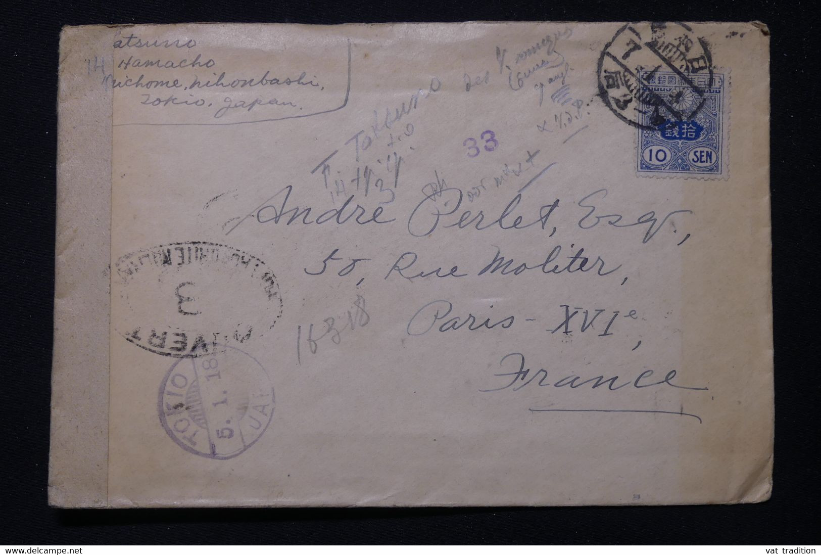 JAPON - Enveloppe De Tokyo Pour La France Avec Contrôle Postal Militaire En 1918 - L 83460 - Brieven En Documenten