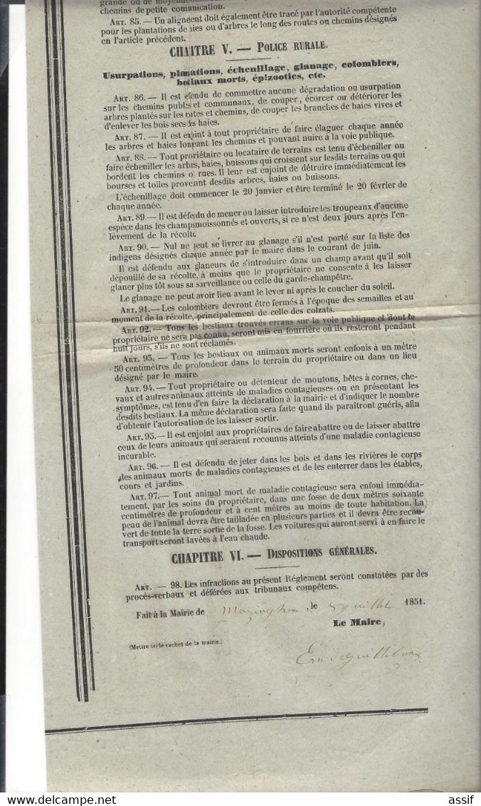Pas De Calais - Règlement De Police - 1861 Affiche  ( 86 X 59 Cm ) Mazinghem - Affiches