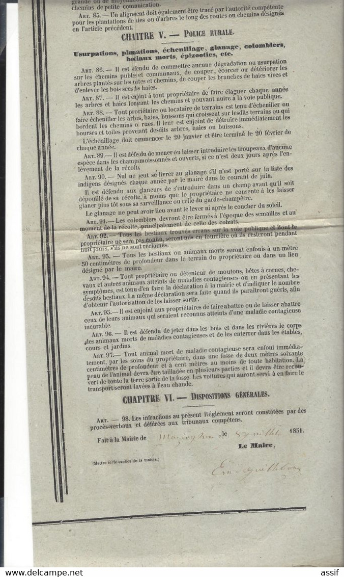 Pas De Calais - Règlement De Police - 1861 Affiche  ( 86 X 59 Cm ) Mazinghem - Plakate