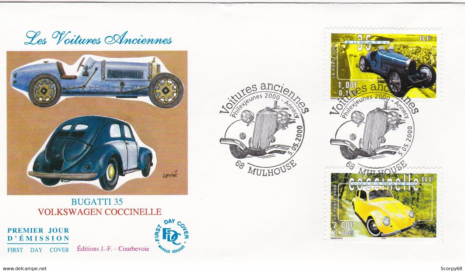 FDC 05/05/2000: Les Voitures Anciennes - BUGATTI 35 - VOLKSWAGEN COCCINELLE - Cachet MULHOUSE - 2000-2009