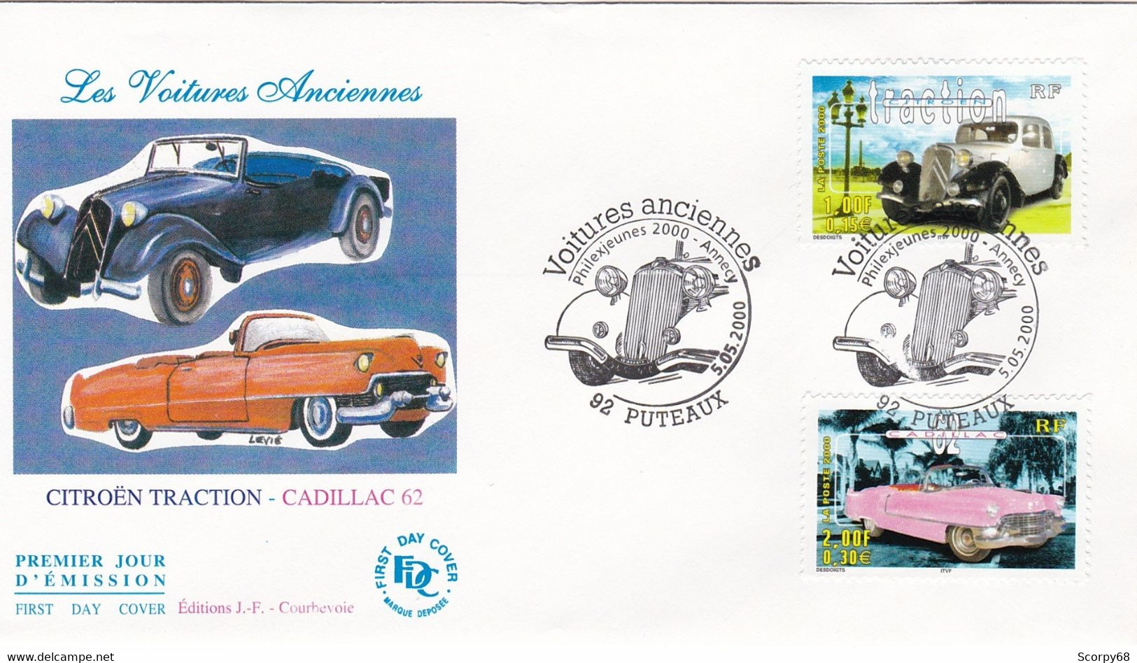 FDC 05/05/2000: Les Voitures Anciennes - CITROEN TRACTION - CADILLAC 62 - Cachet PUTEAUX - 2000-2009