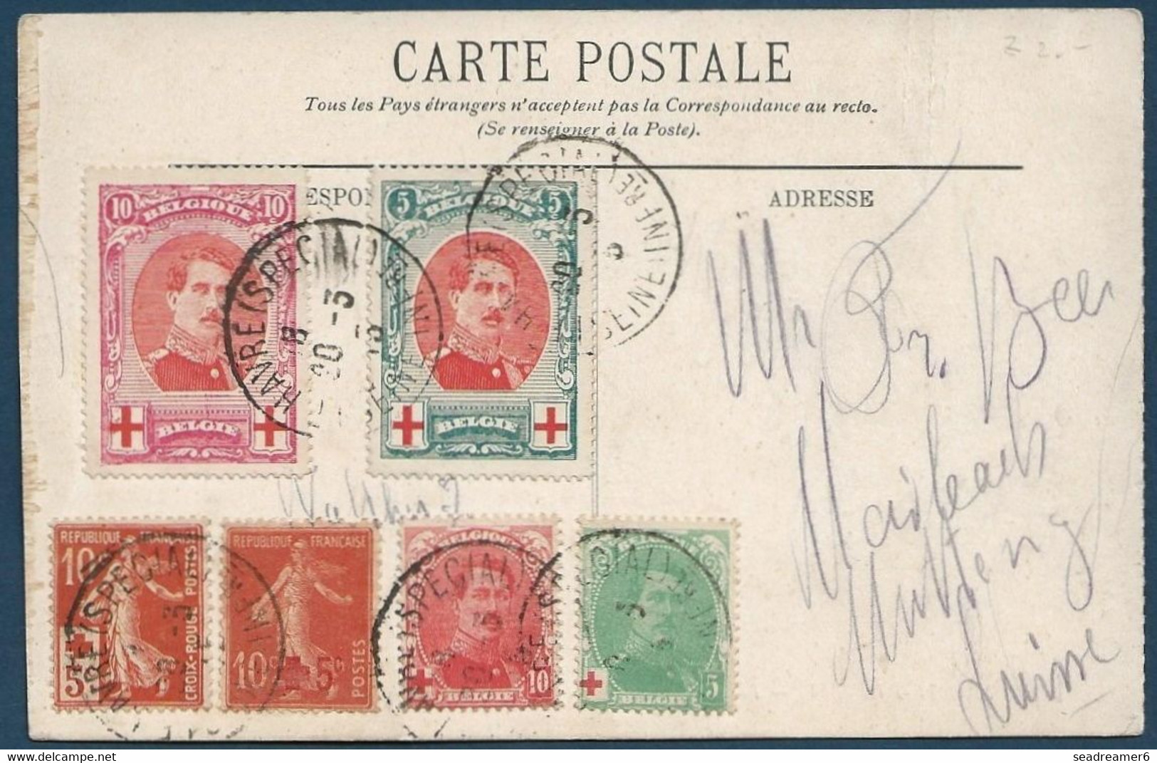 Belgique Carte Ste Adresse Mixte Timbres Belge N°132 & 133 & Français N°146 & 147 Croix Rouge Obl (le Havre Special) RR - Belgische Armee