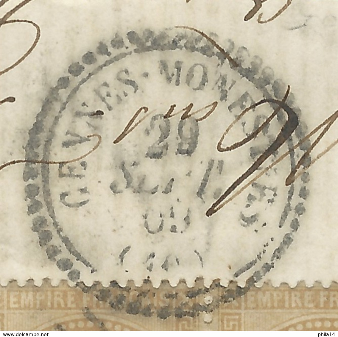 PAIRE N° 28 BISTRE NAPOLEON SUR LETTRE / CENNES MONESTIES POUR LASTOUR / 1869 / BOITE RURALE A VILLEMAGNE - 1849-1876: Classic Period