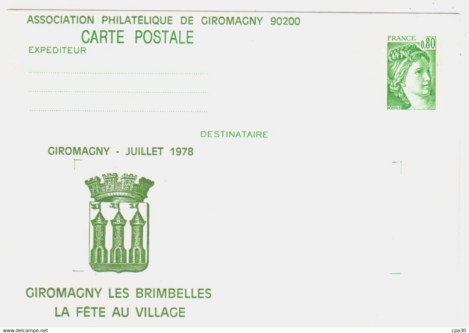 ENTIER POSTAL GIROMAGNY.LA FETE DU VILLAGE.ASSOCIATION PHILATELIQUE 1978 - Enteros Privados