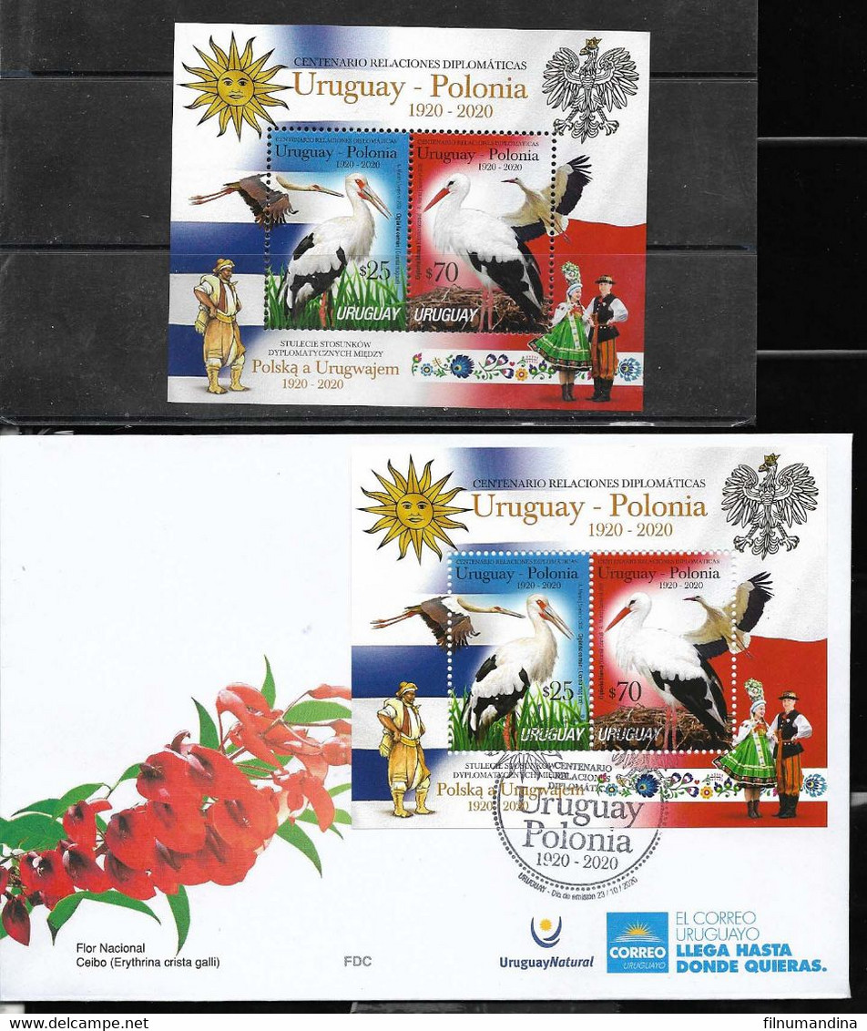 URUGUAY 2020 POLAND DIPLOMATIC REL ANIV. BIRDS STORKS,FLAGS,TYPICAL DRESSES,S/SHEET,BLOC.MNH+FDC - Other & Unclassified