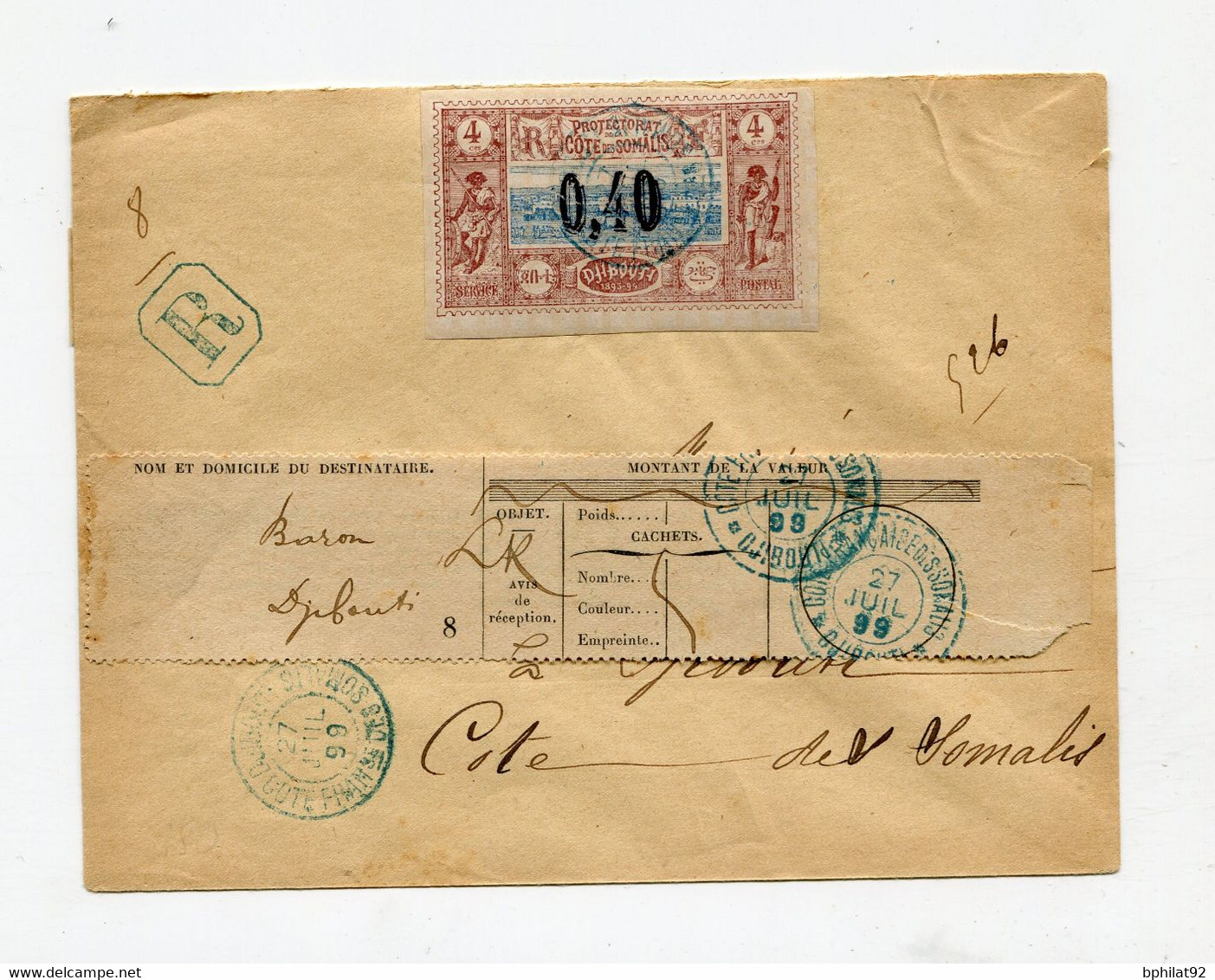 !!! PRIX FIXE : COTE DES SOMALIS, LETTRE RECO DE DJIBOUTI POUR DJIBOUTI DE 1899 AVEC ETIQUETTE - Storia Postale