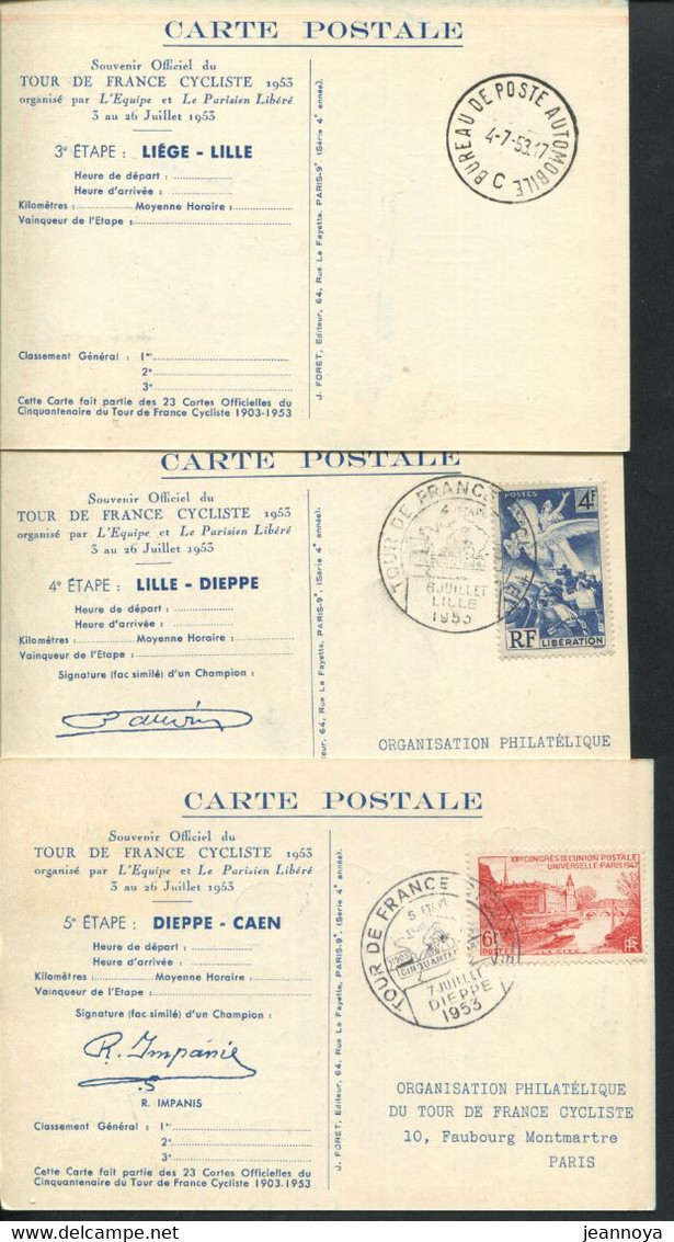 FRANCE - SOUVENIR OFFICIEL DU 50 éme TOUR DE FRANCE DE 1953 , SERIE COMPLETE DE 23CP AFFR. DIVERS - LUXE - Cycling