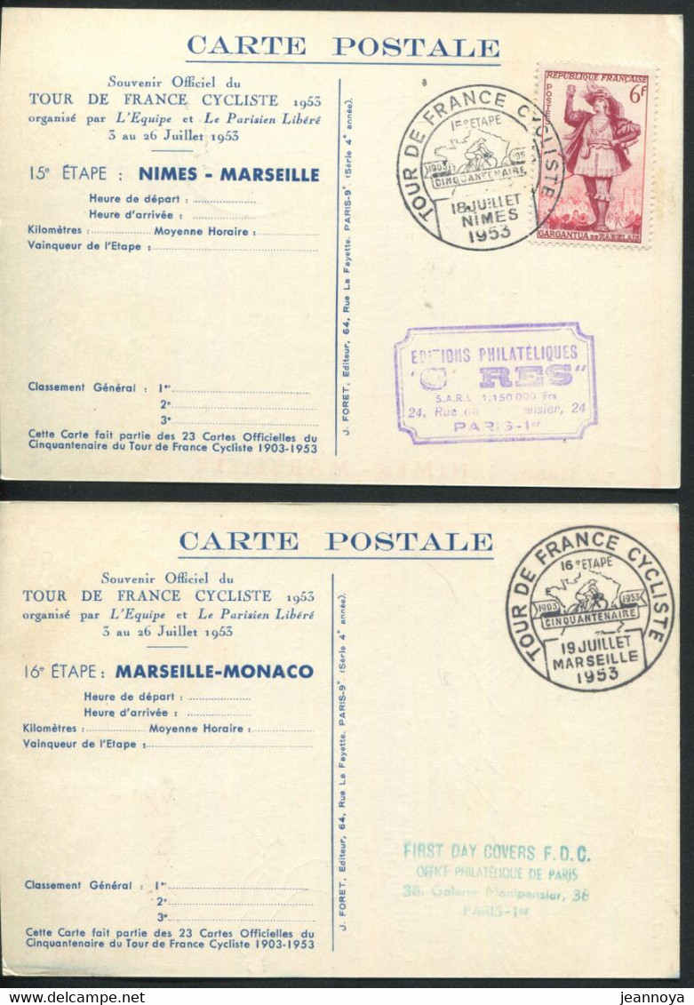 FRANCE - SOUVENIR OFFICIEL DU 50 éme TOUR DE FRANCE DE 1953 , SERIE COMPLETE DE 23CP AFFR. DIVERS - LUXE