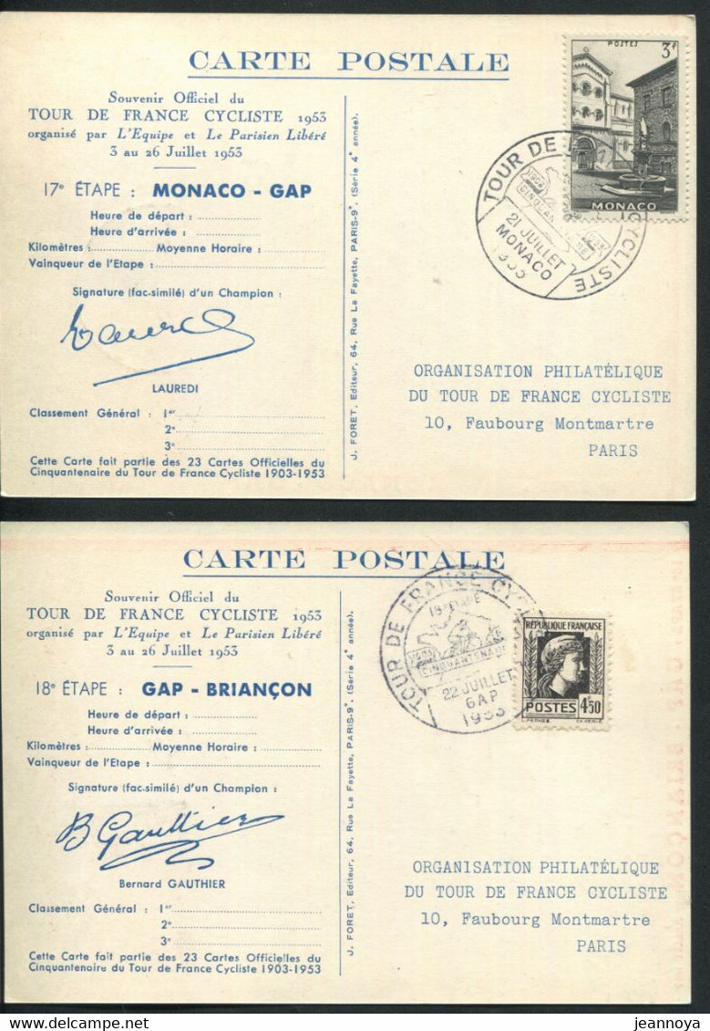 FRANCE - SOUVENIR OFFICIEL DU 50 éme TOUR DE FRANCE DE 1953 , SERIE COMPLETE DE 23CP AFFR. DIVERS - LUXE