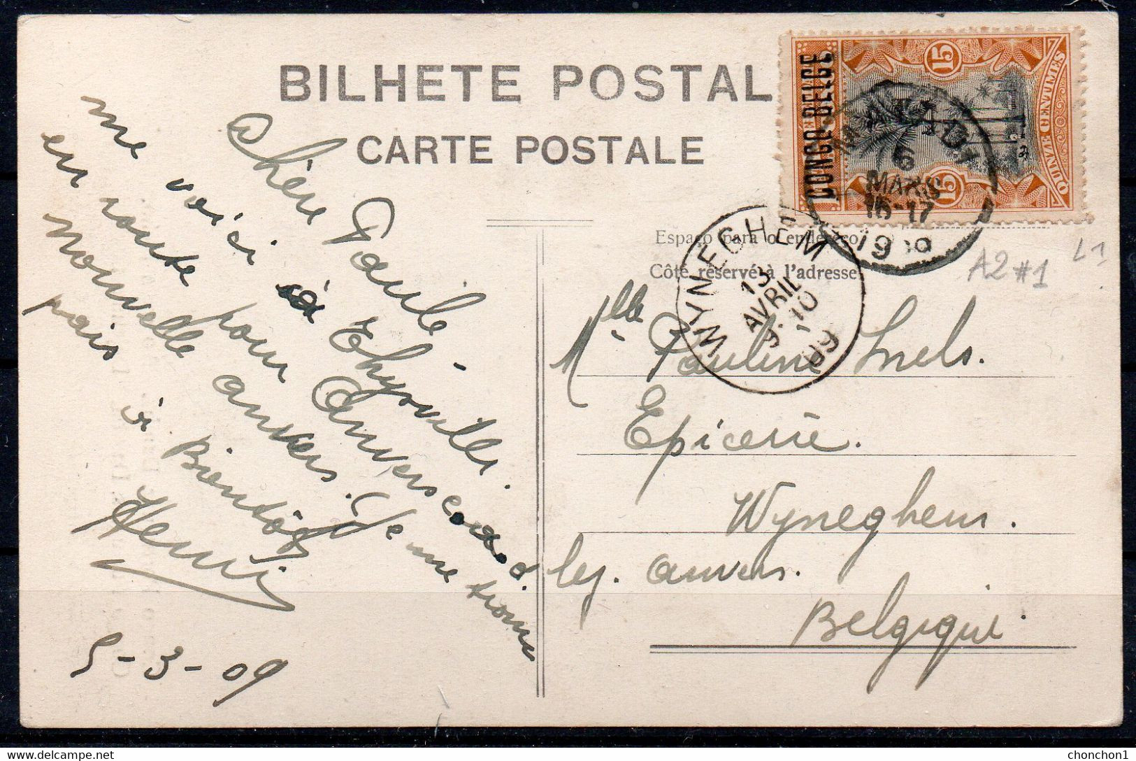 Congo - 1909 - (32L1) 15c.surcharge Locale L1 - Carte Postale Matadi - Wijnegem Belgique - Cert. - A5 - Storia Postale