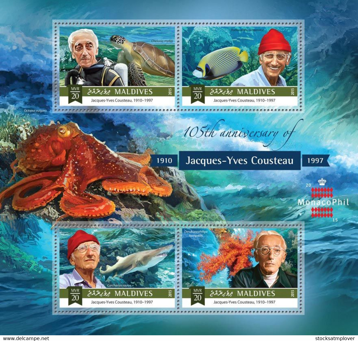 Maldives  2015 Jacques-Yves Cousteau, Turtle ,fish ,shark ,octopus - Maldives (1965-...)