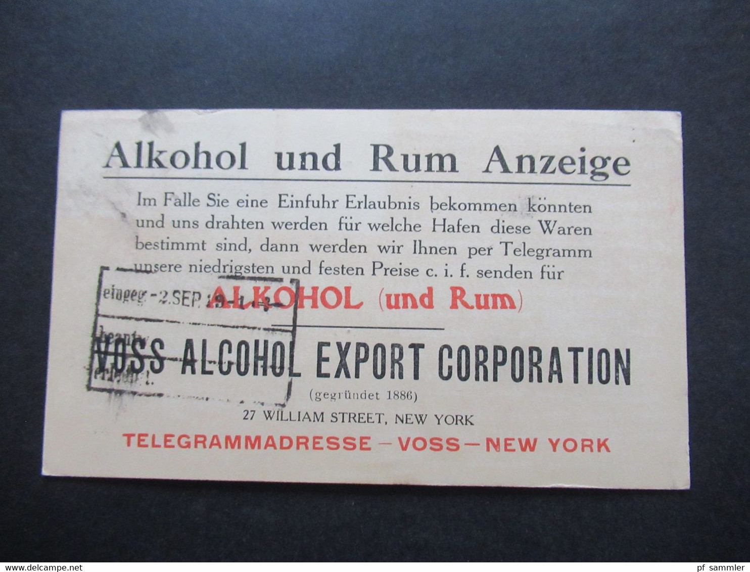 USA 1919 Gedruckte Ganzsache Kurz Vor Der Prohibition Alkohol Und Rum Anzeige / Einfuhr Erlaubnis Voss Alcohol Export - Storia Postale